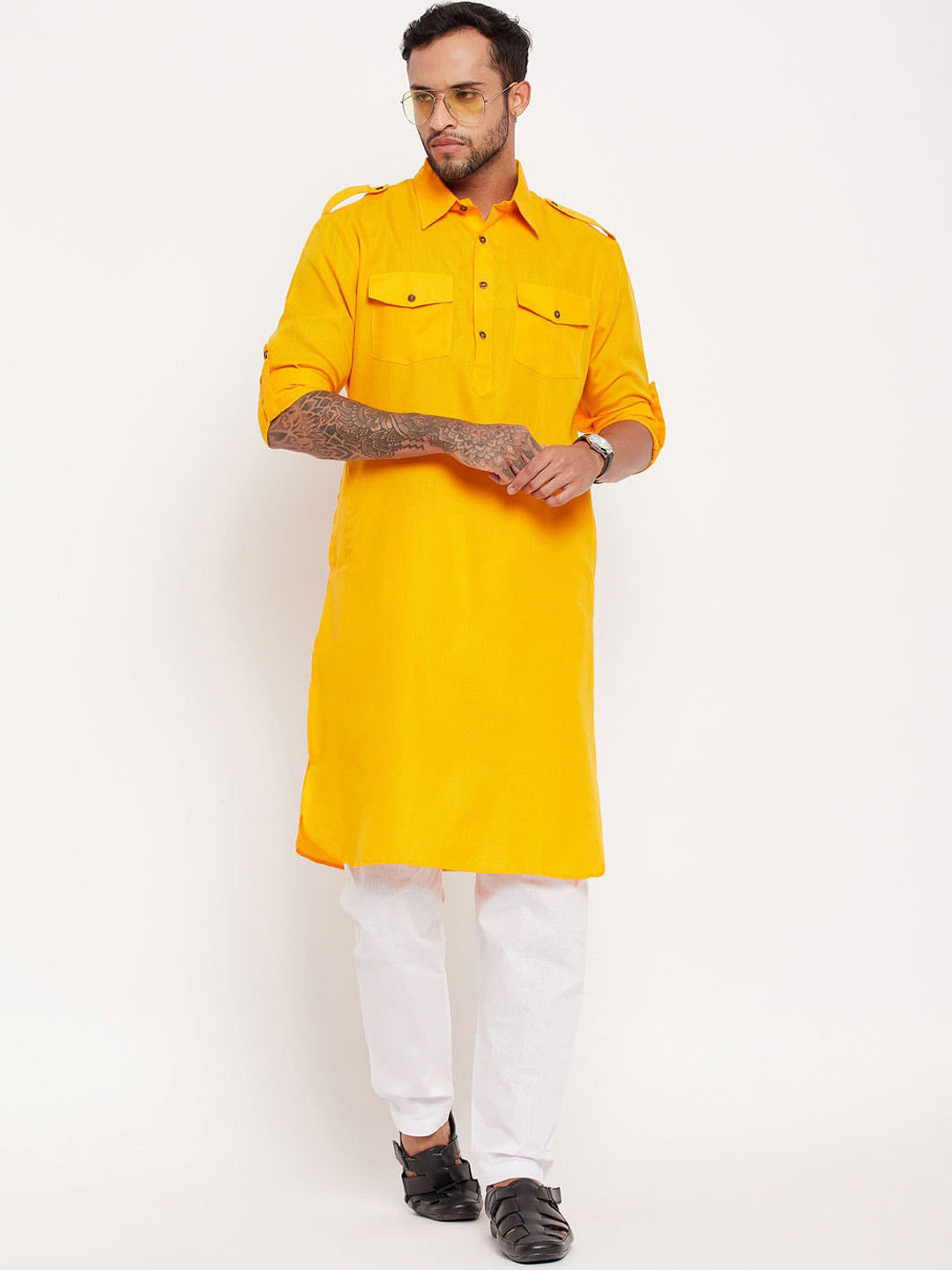 

VASTRAMAY Shirt Collar Regular Kurta With Pyjamas Set, Mustard