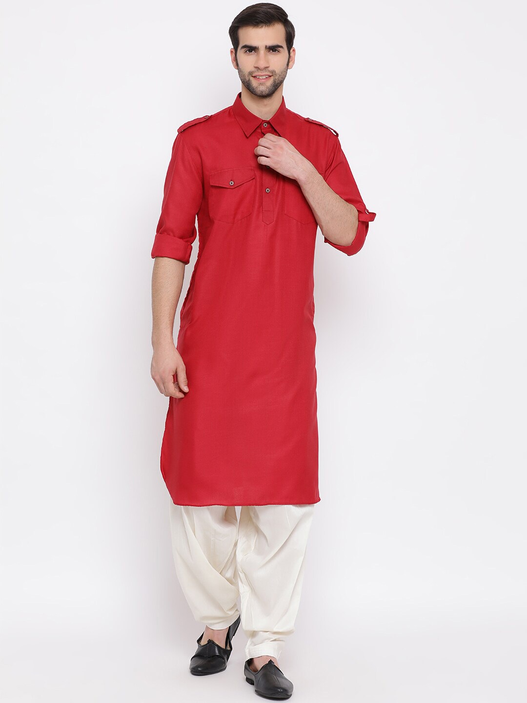 

VASTRAMAY Shirt Collar Regular Kurta With Patiala Set, Maroon