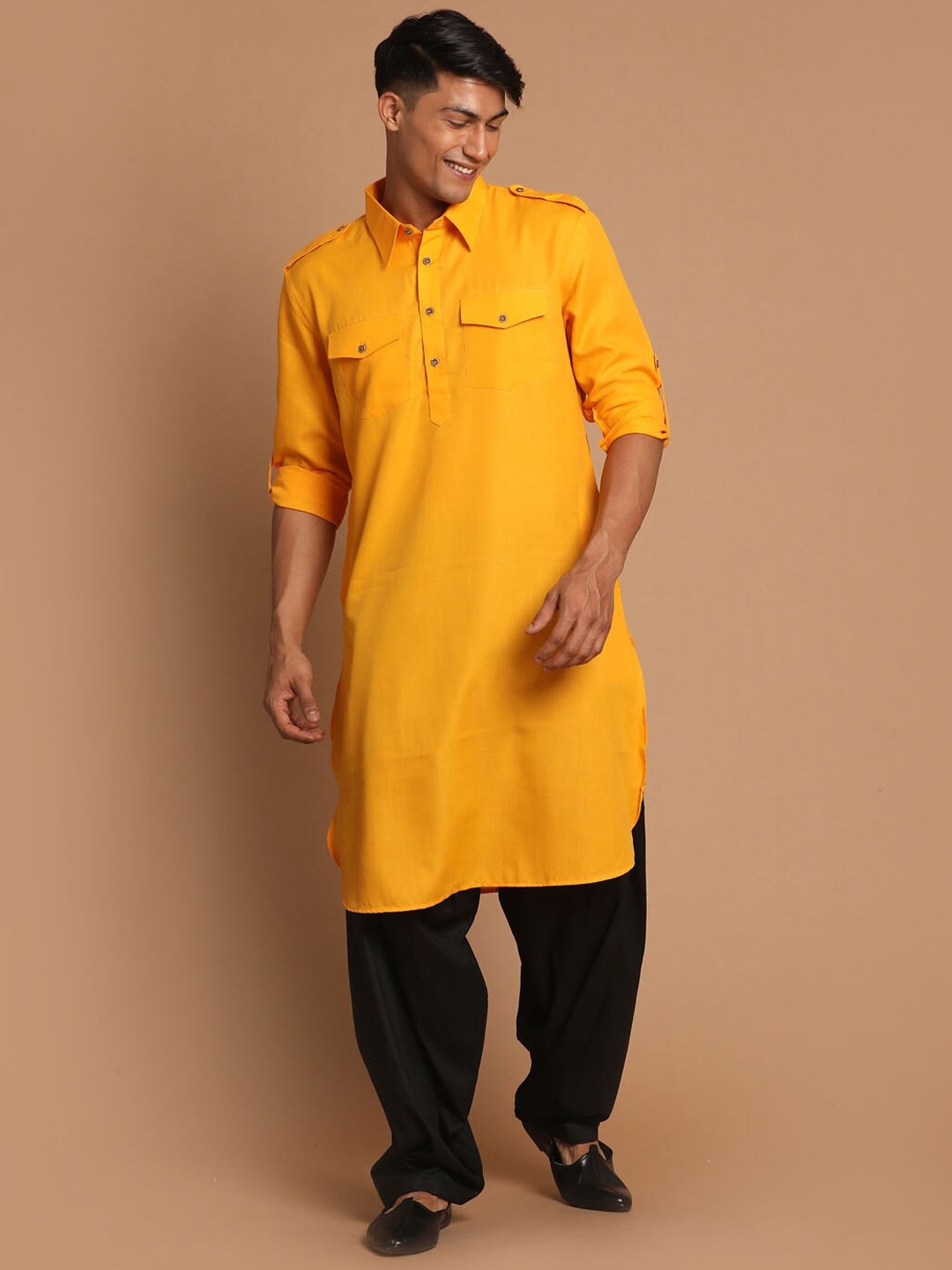 

VASTRAMAY Shirt Collar Regular Kurta With Patiala Set, Mustard