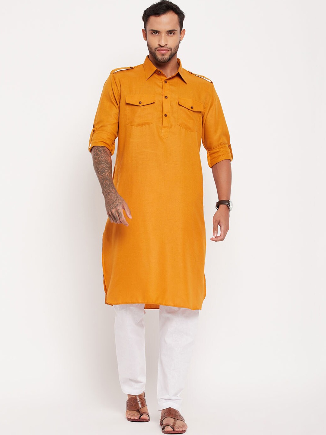 

VASTRAMAY Shirt Collar Regular Kurta With Pyjamas Set, Mustard