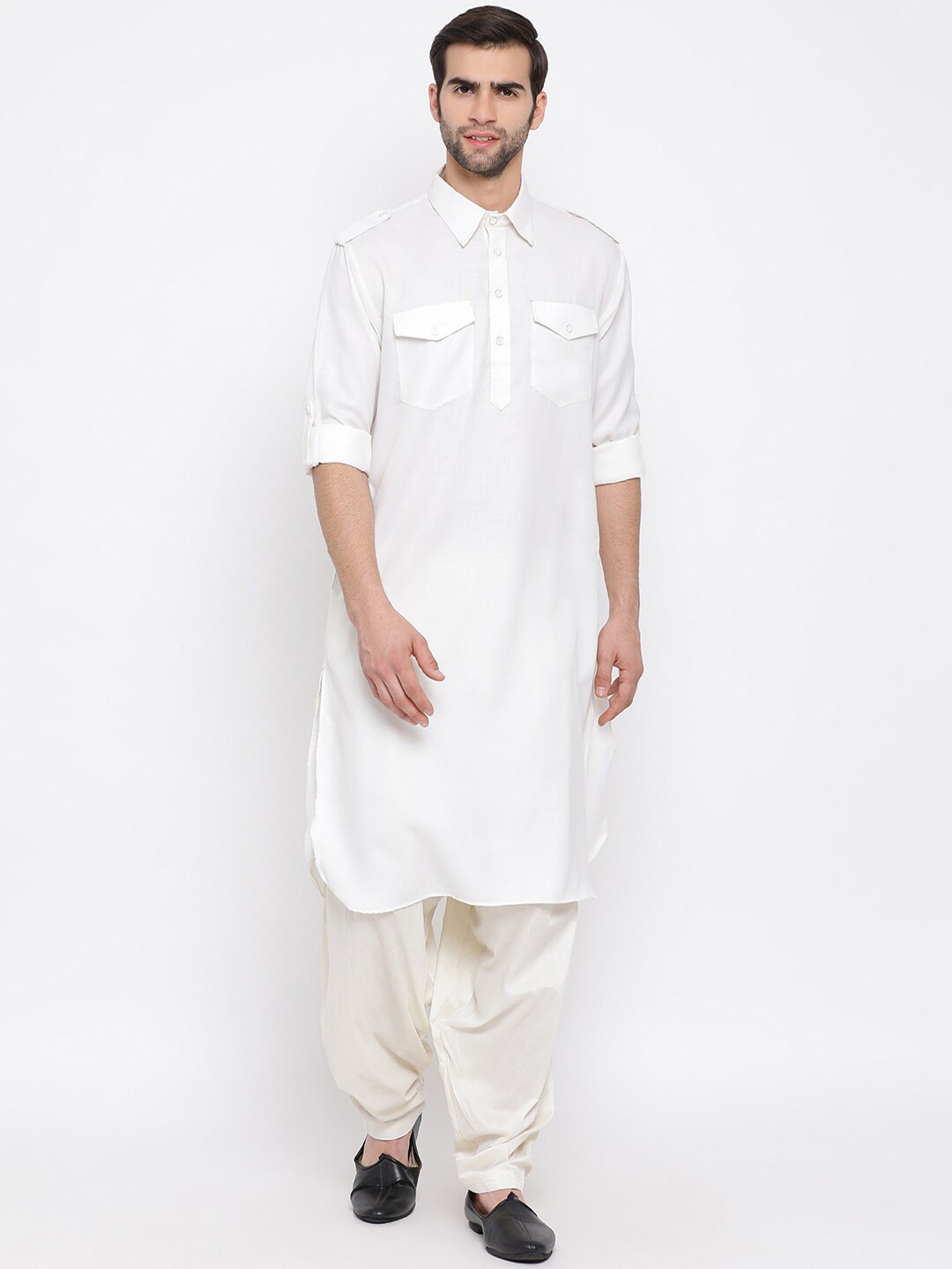 

VASTRAMAY Shirt Collar Regular Kurta With Salwar Set, Cream