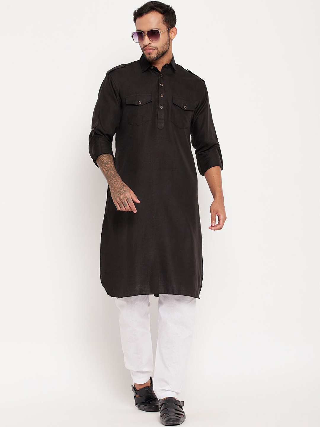 

VASTRAMAY Shirt Collar Pathani Kurta With Pyjamas, Black