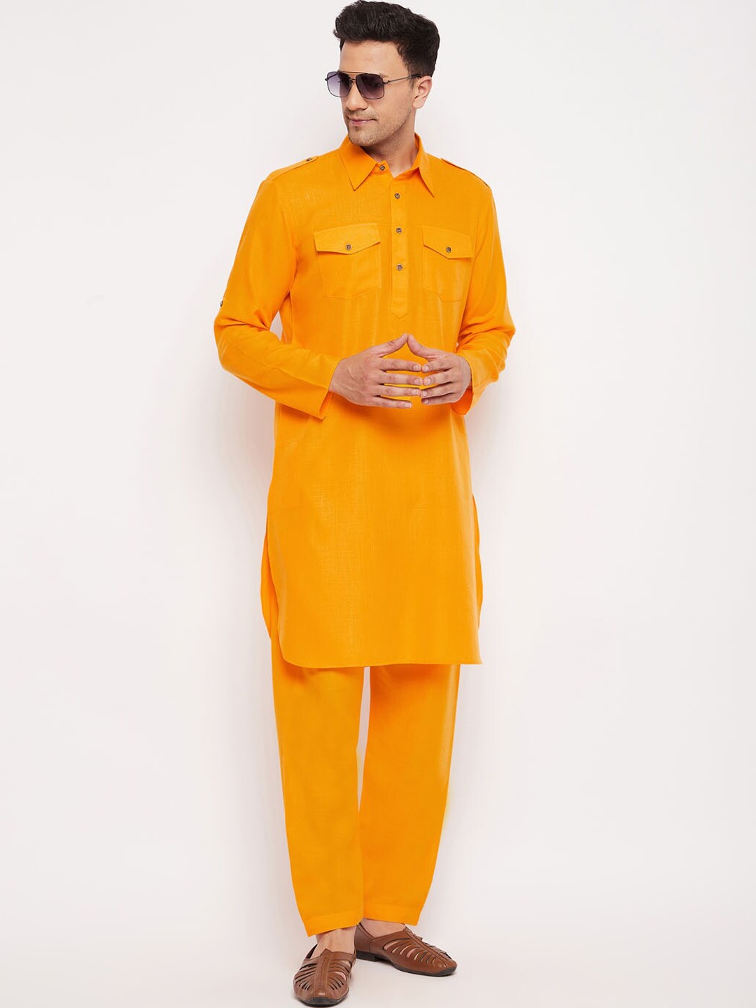 

VASTRAMAY Shirt Collar Pathani Kurta With Pyjamas, Mustard