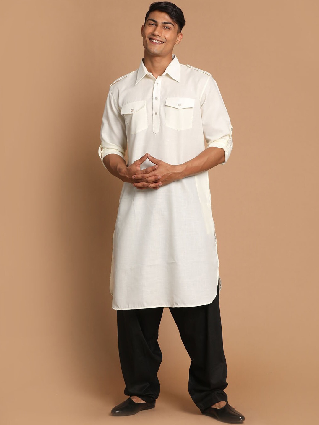 

VASTRAMAY Shirt Collar Roll-Up Sleeves Pathani Kurta With Salwar, Cream