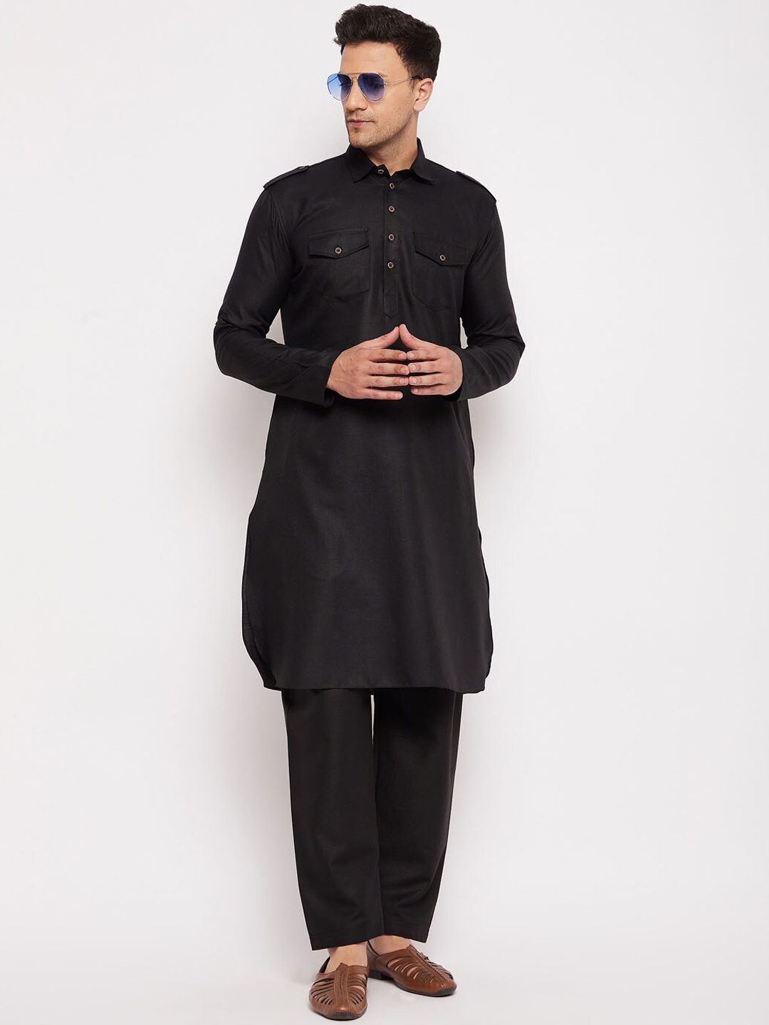 

VASTRAMAY Shirt Collar Pathani Kurta With Pyjamas, Black