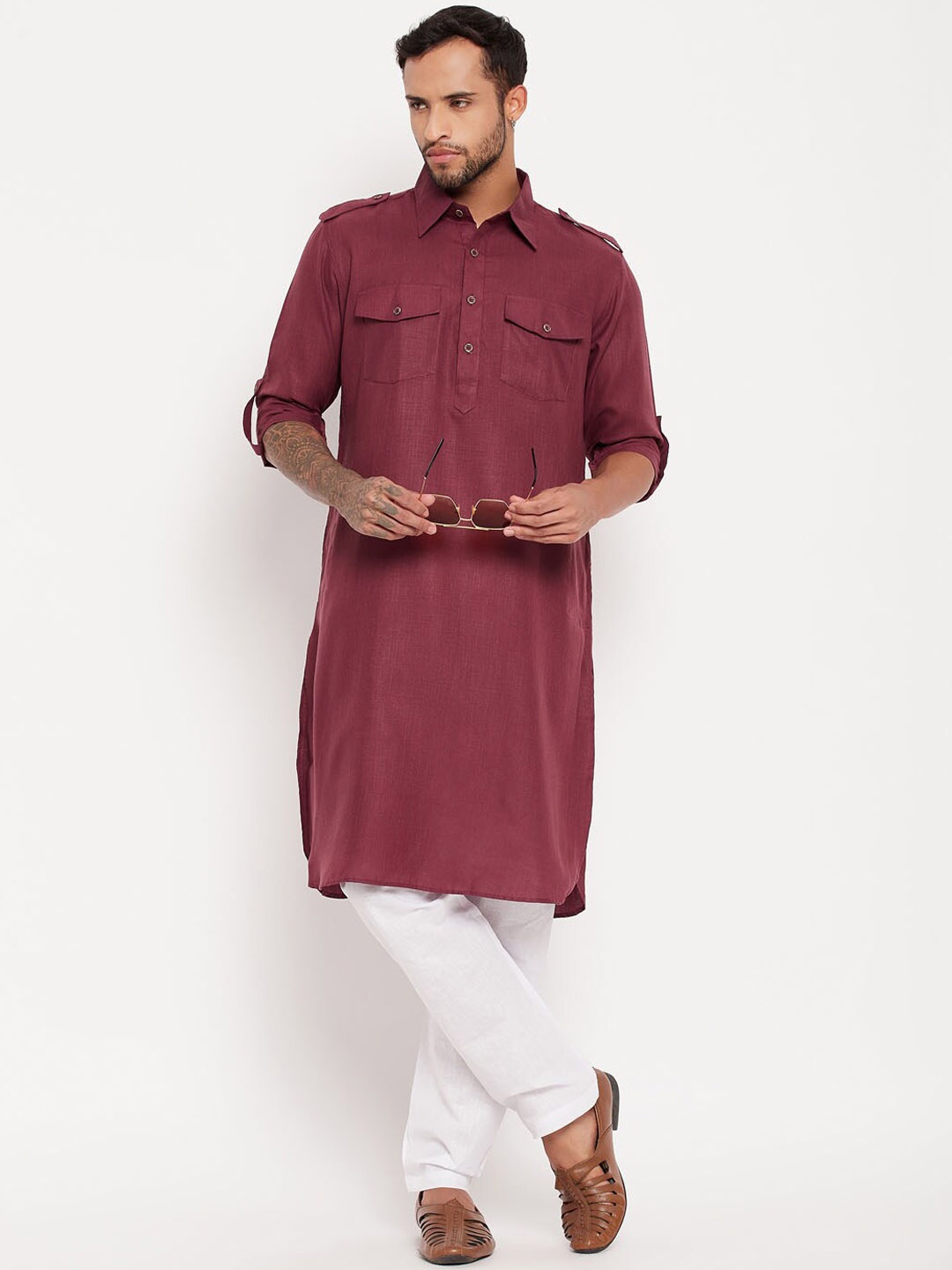 

VASTRAMAY Shirt Collar Pathani Kurta With Pyjamas, Maroon
