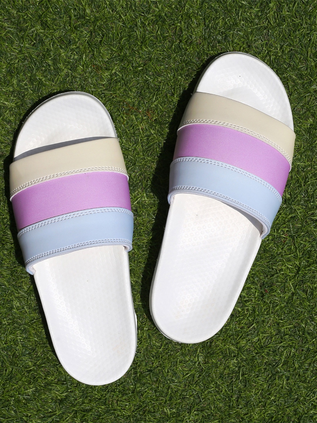DEAS Women Striped Quick Drying Color Changing Sliders, White