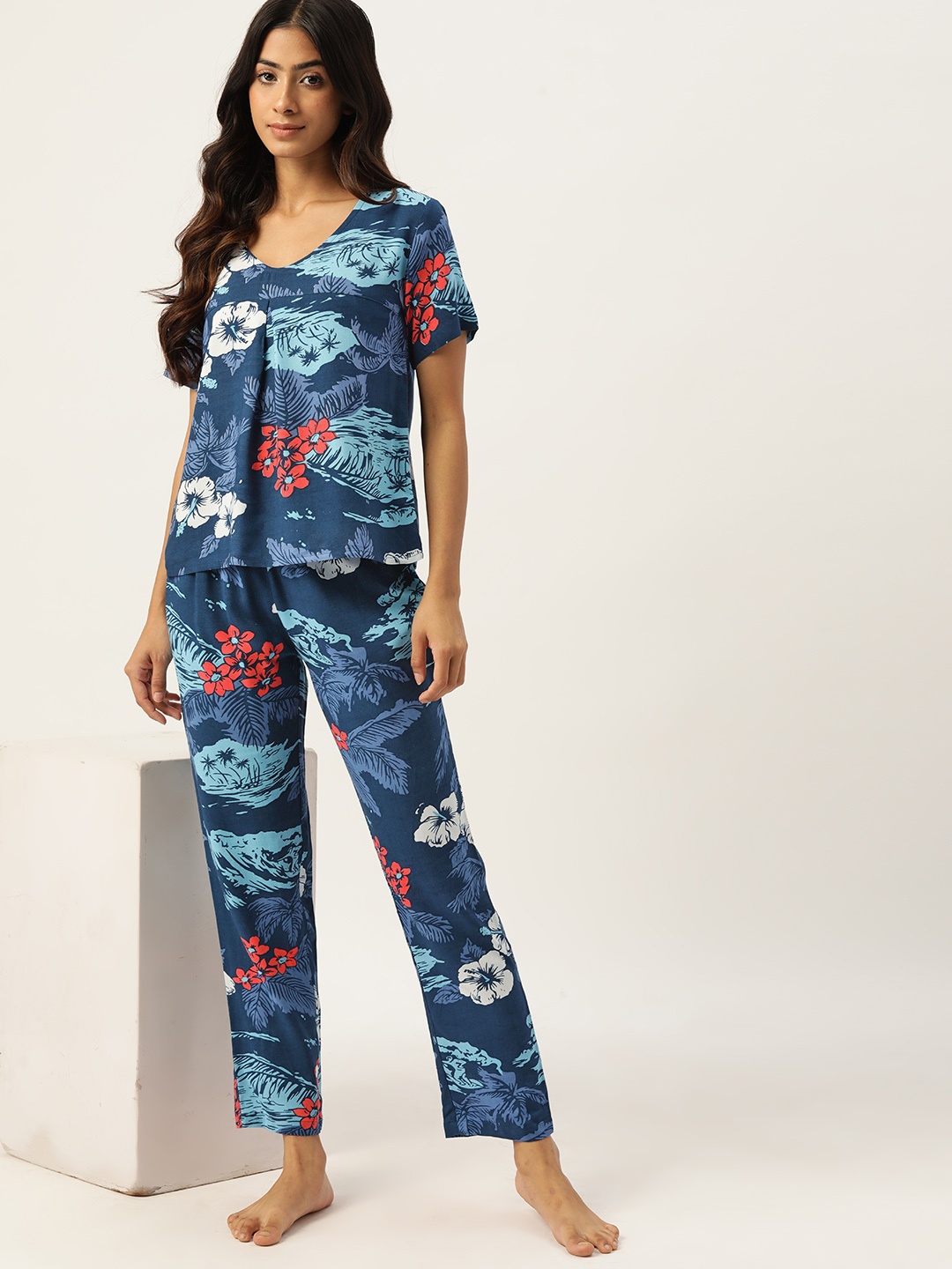 

ETC Women Floral Printed Night Suit, Blue