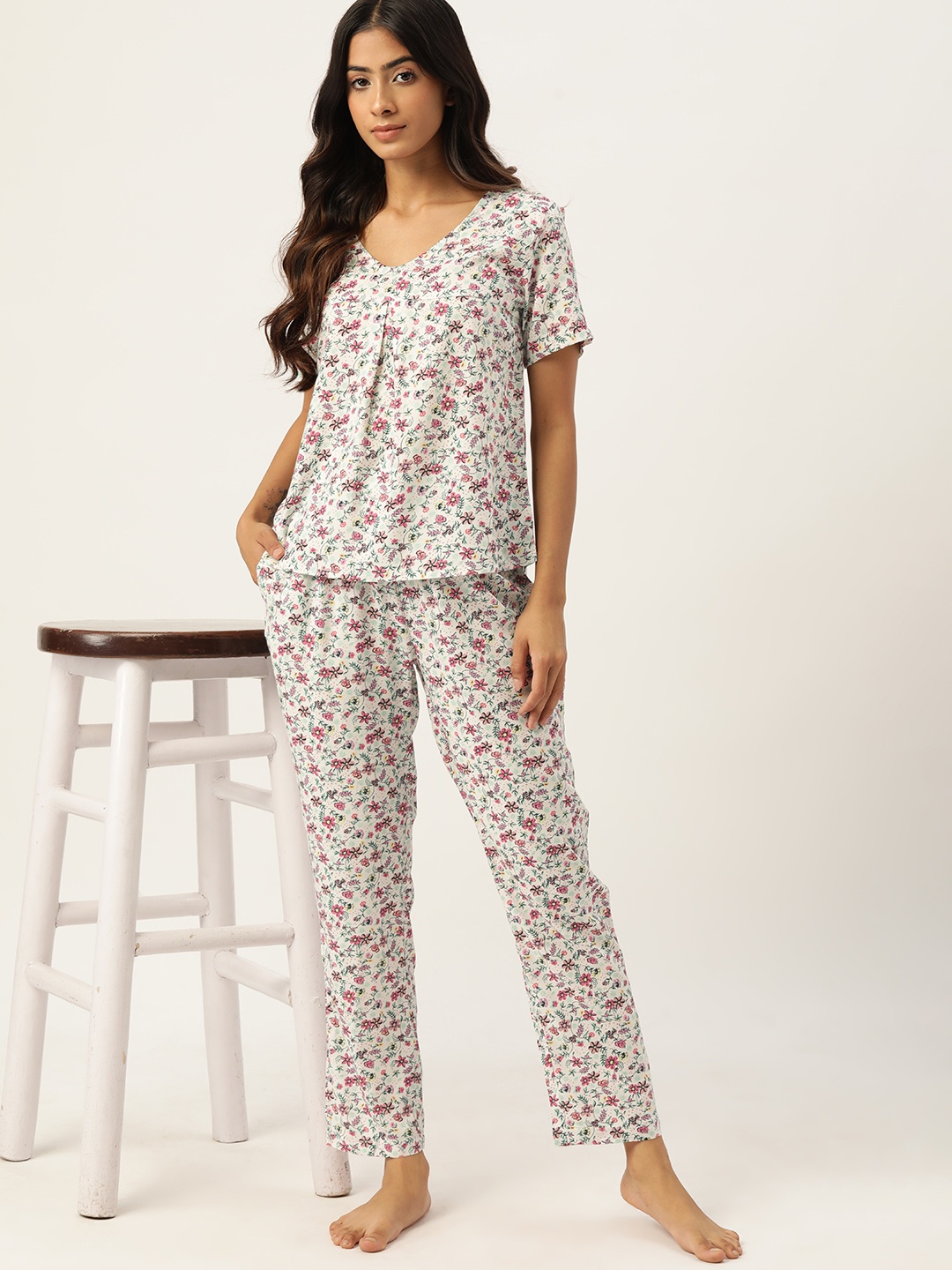 

ETC Women Floral Printed Night Suit, White