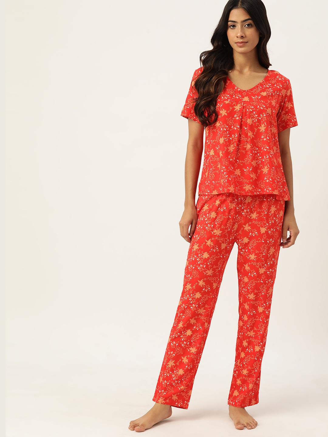 

ETC Women Floral Printed Night Suit, Red