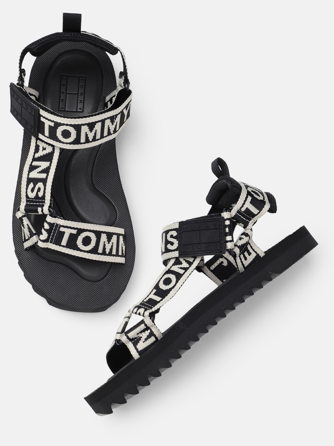 

Tommy Hilfiger Women Brand Logo Printed Open Toe Flats, Black