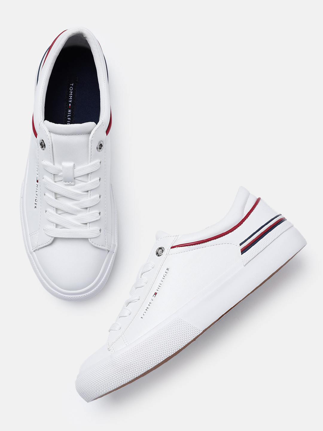 

Tommy Hilfiger Women Solid Regular PU Sneakers With Minimal Striped Detail, White