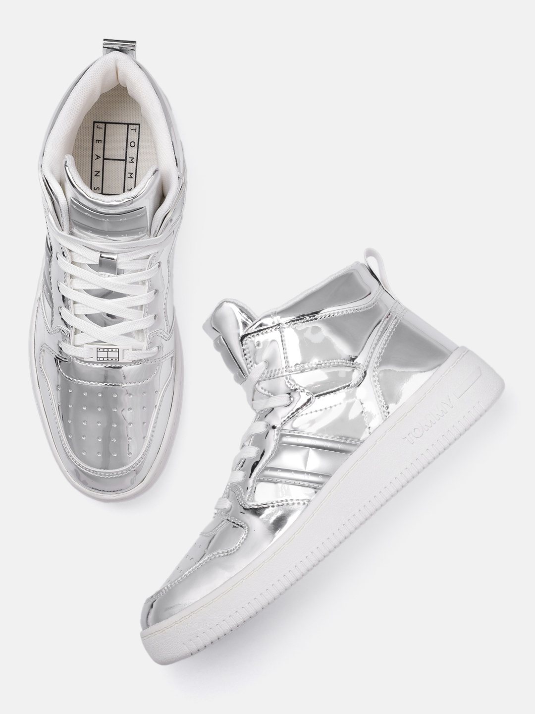 

Tommy Hilfiger Women Perforations Mid-Top Sneakers, Silver