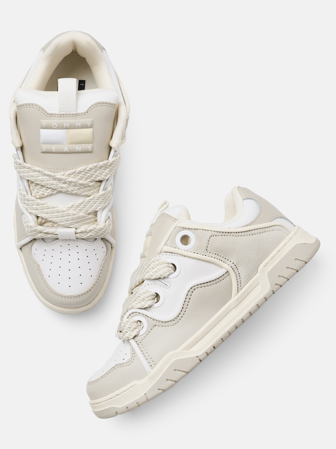 

Tommy Hilfiger Women Perforations & Colourblocked Leather Sneakers, Beige