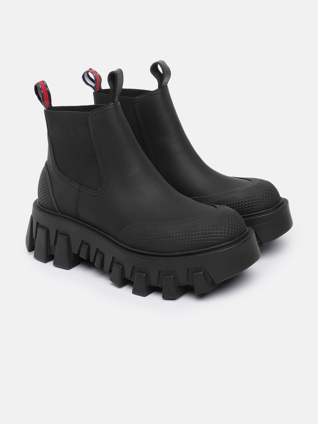 

Tommy Hilfiger Women Textured Mid-Top Platform Rainboot Style Chunky Boots, Black