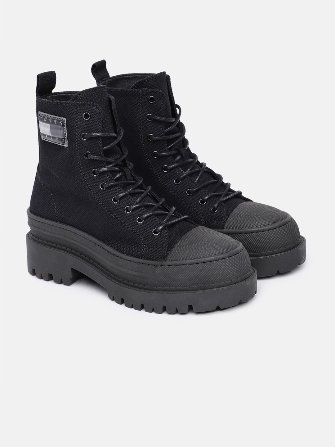 

Tommy Hilfiger Women Foxing Canvas Textured High-Top Low Chunk Boots, Black