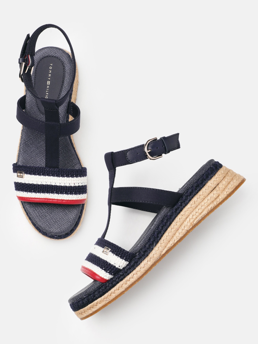 

Tommy Hilfiger Women Crochet Striped Mid-Top Platform Sandals With Buckle Detail, Navy blue