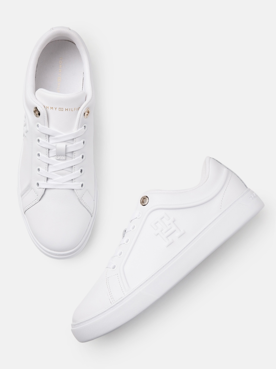 

Tommy Hilfiger Women Brand Logo Embossed Casual Leather Cupsole Sneakers, White