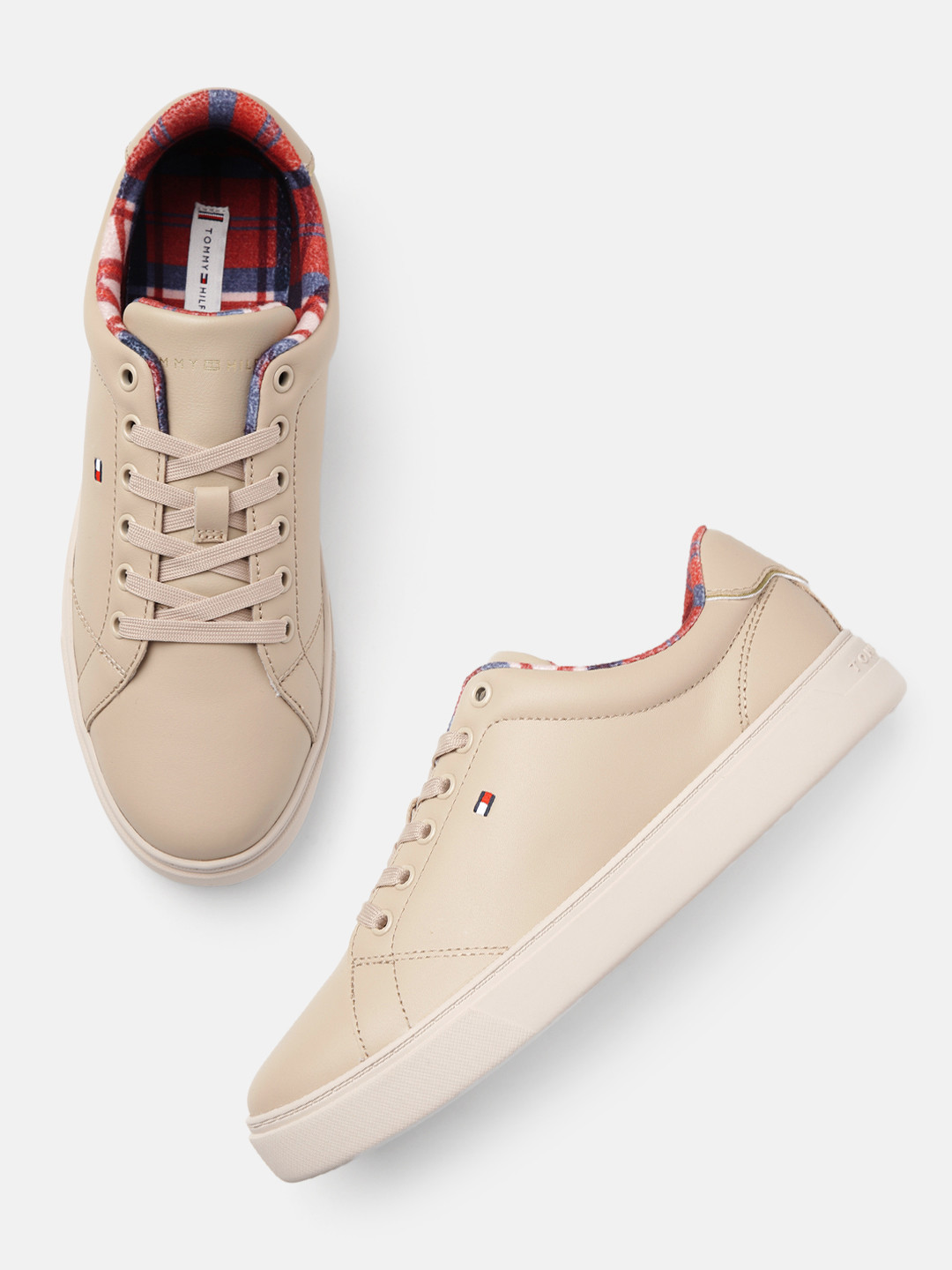 

Tommy Hilfiger Women Essential Court Sneakers Tartan Leather Sneakers, Beige