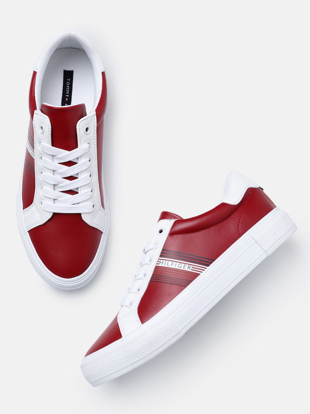 

Tommy Hilfiger Women Colourblocked Sneakers With Minimal Striped & Brand Logo Print Detail, Red