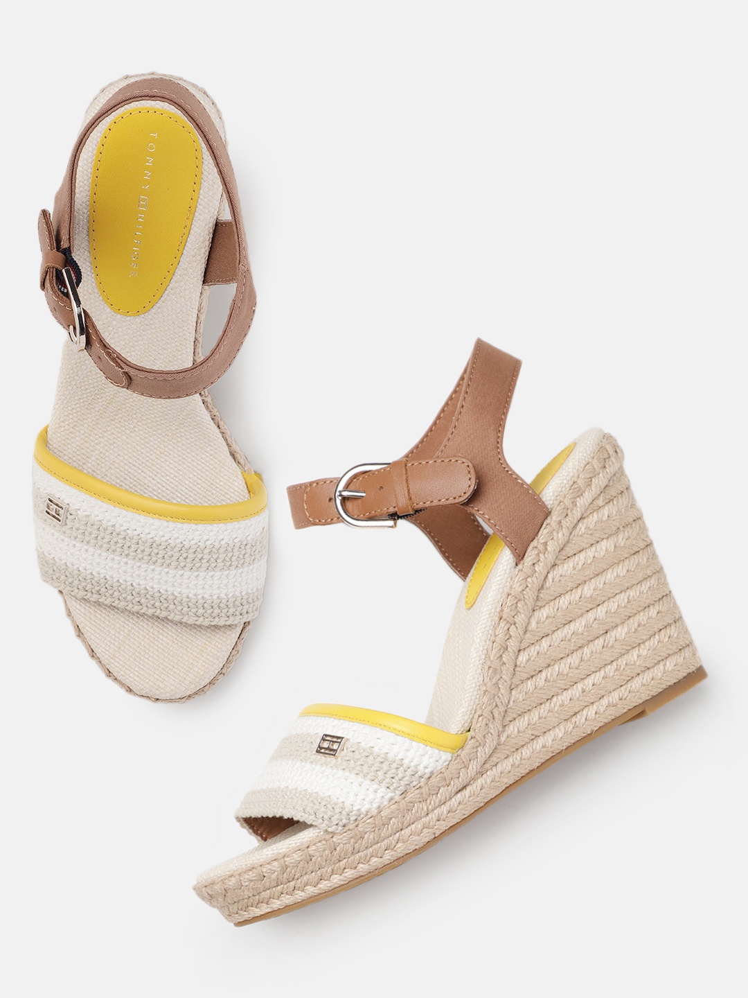 

Tommy Hilfiger Women Crochet Striped Wedge Sandals With Buckle Detail, Beige