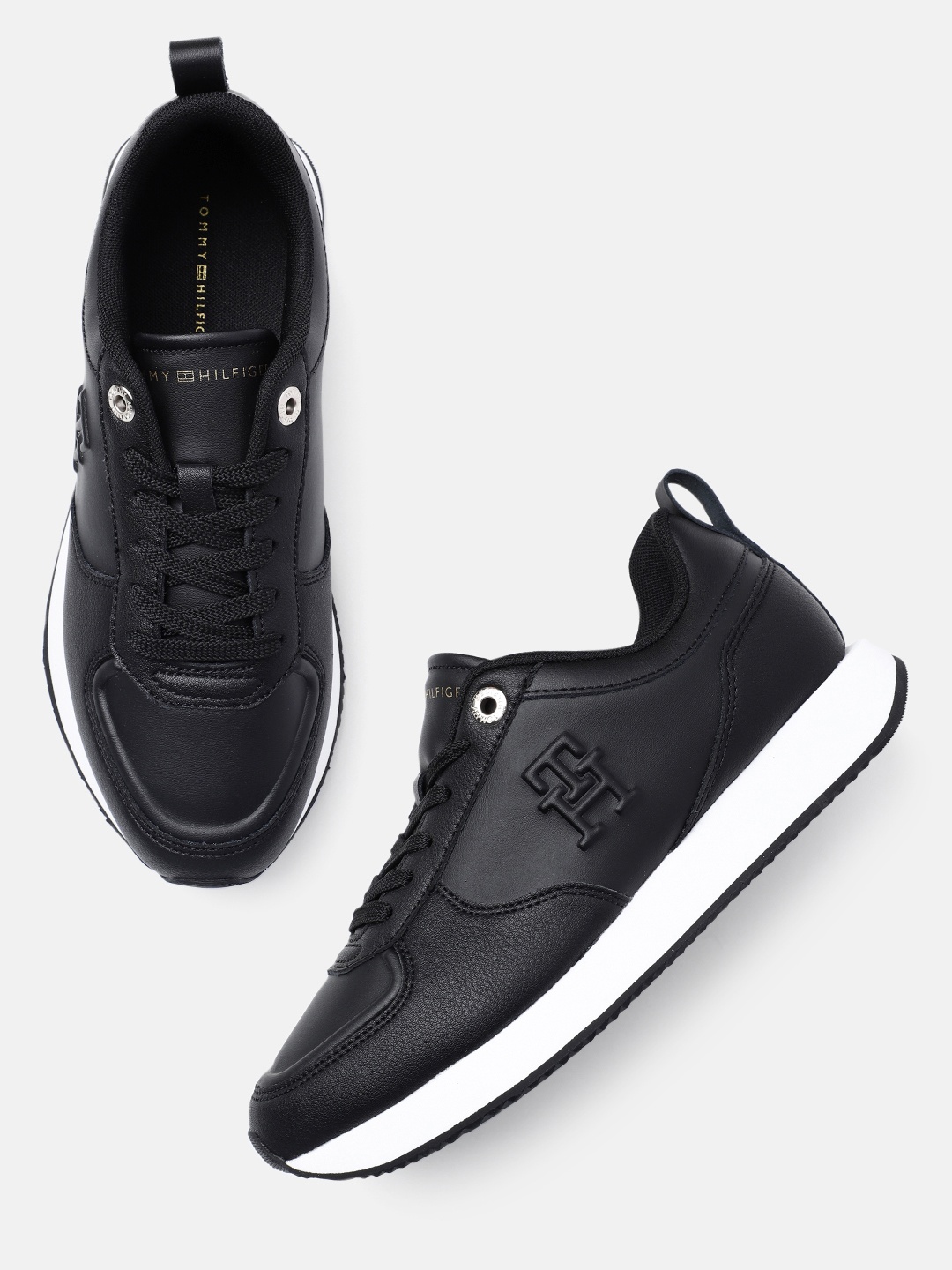 

Tommy Hilfiger Women Brand Logo Embossed Casual Leather Sneakers, Black