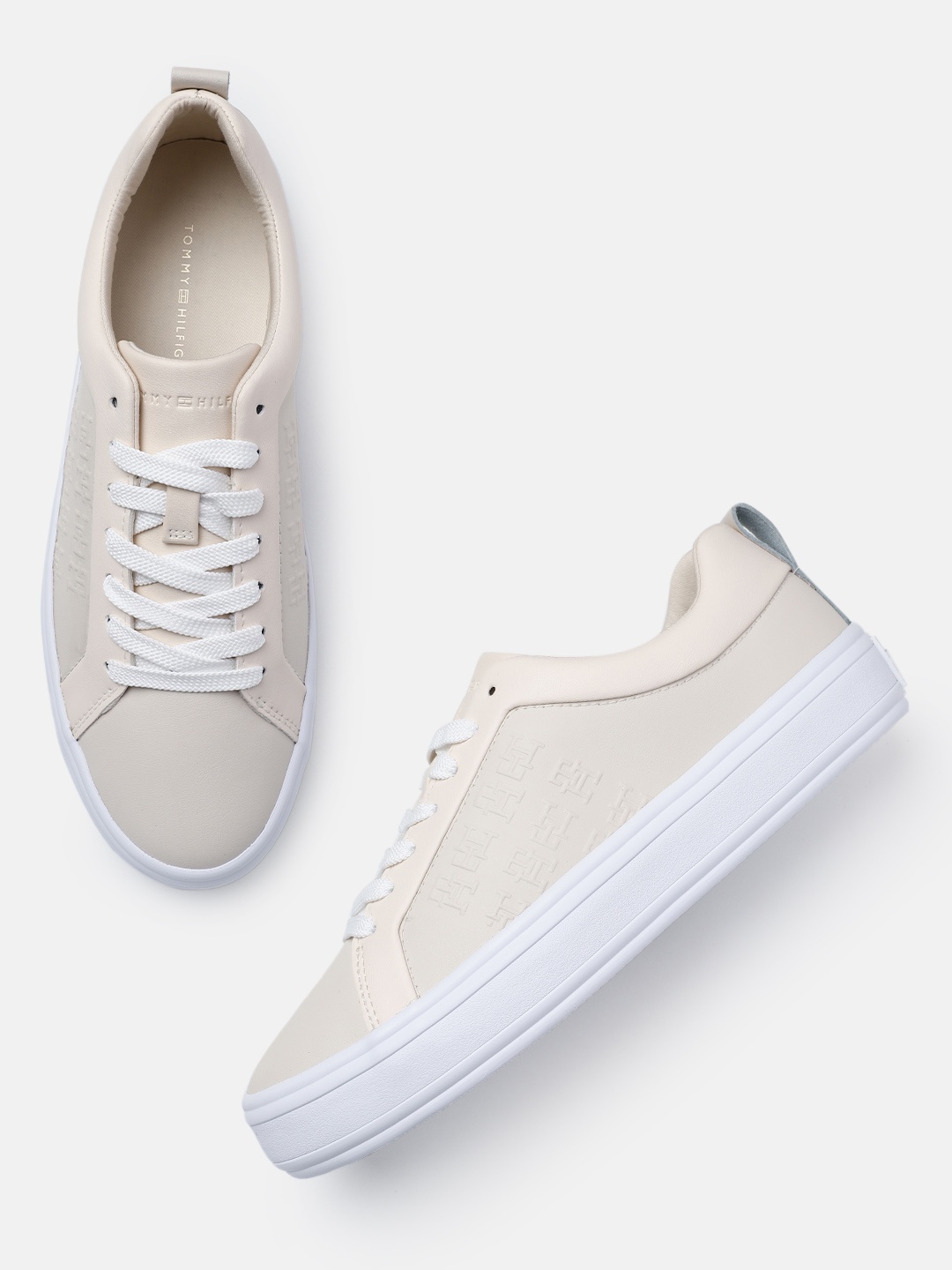 

Tommy Hilfiger Women Brand Logo Embossed Vulc Leather Sneakers, Beige