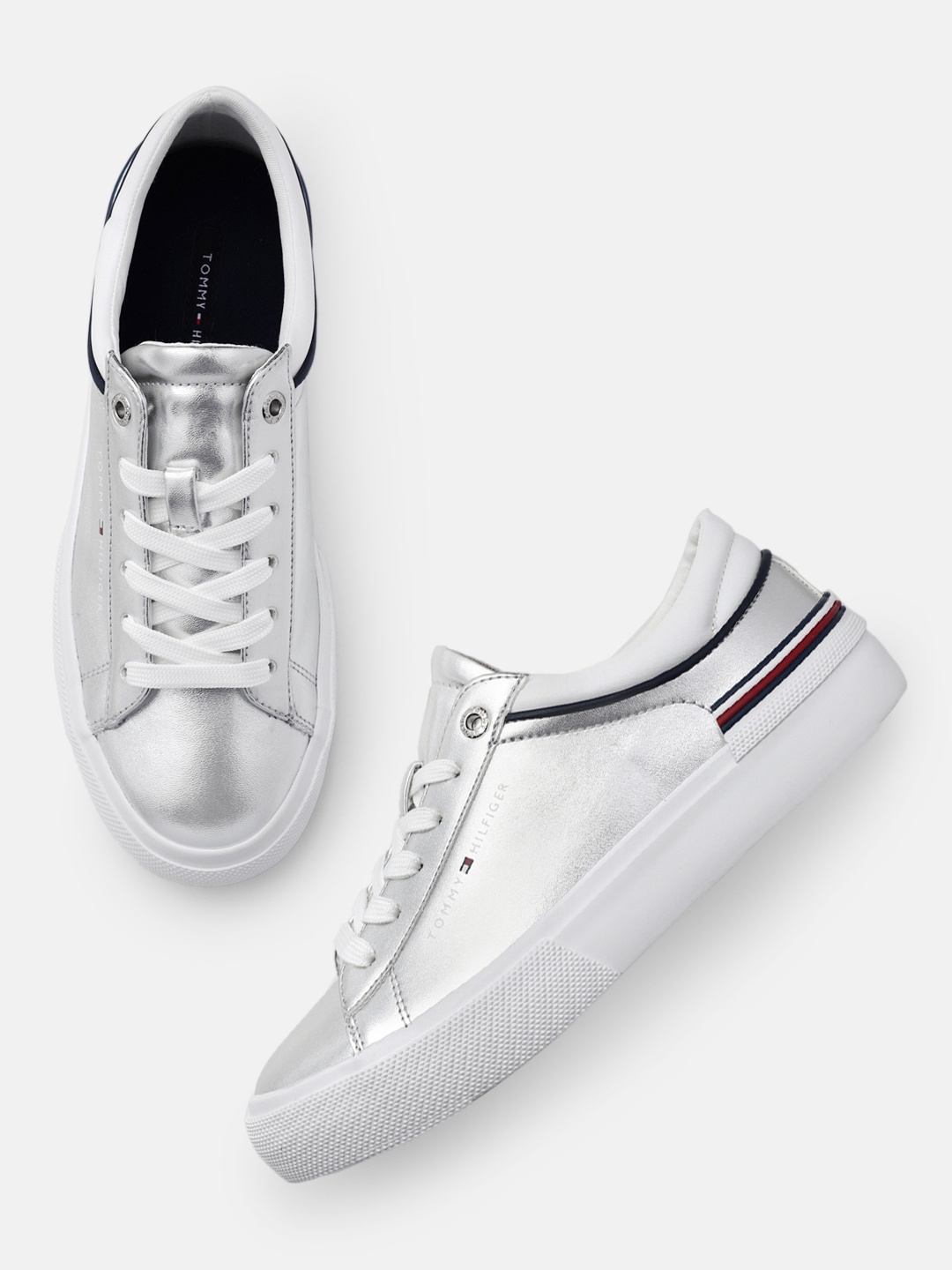 

Tommy Hilfiger Women Solid PU Sneakers With Minimal striped Detail, Silver