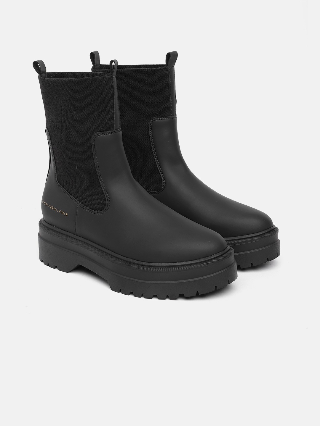 

Tommy Hilfiger Women Solid High-Top Platform Rainboot Style Chunky Boots, Black