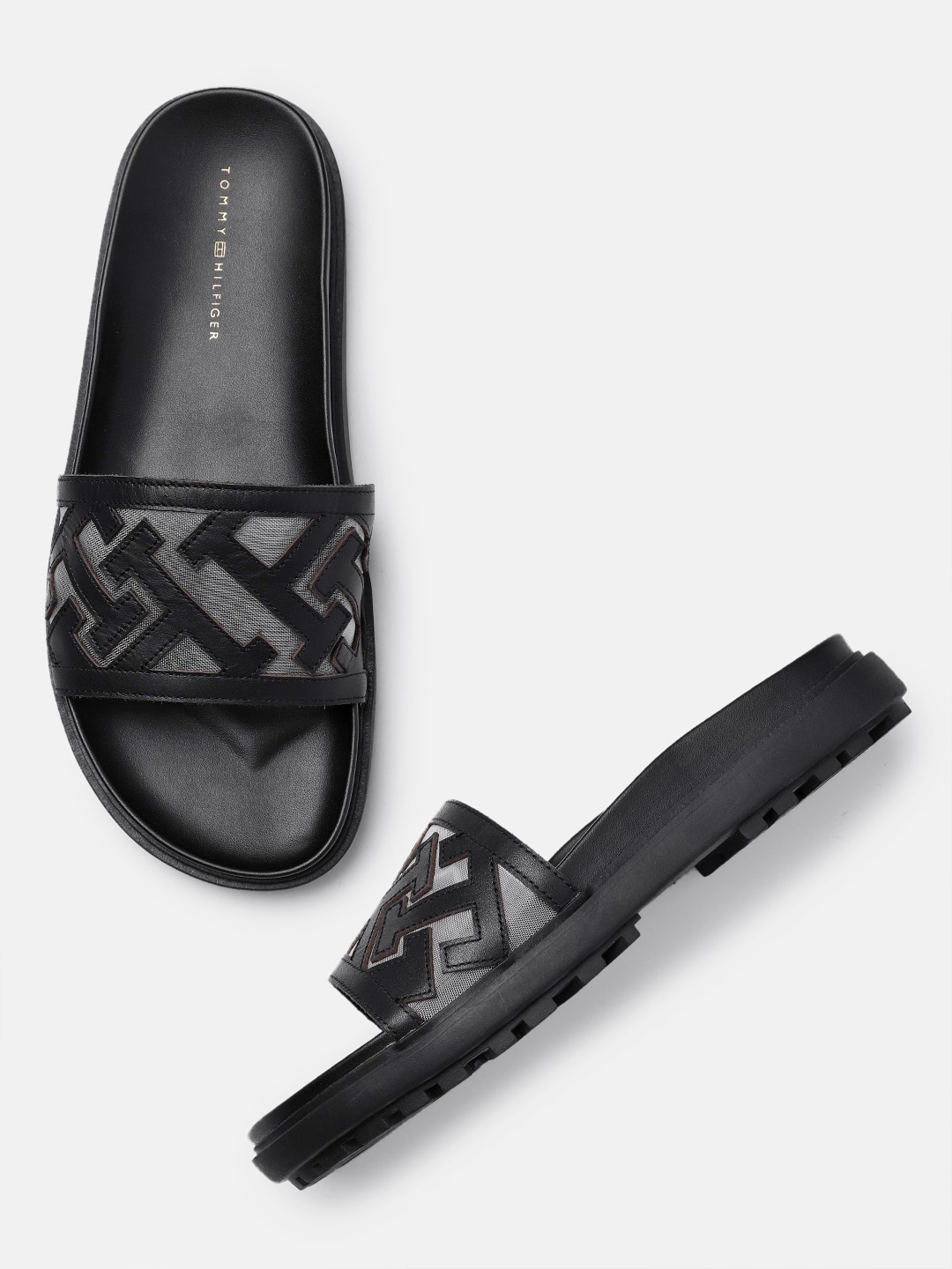 

Tommy Hilfiger Women Textured Leather Open Toe Flats, Black