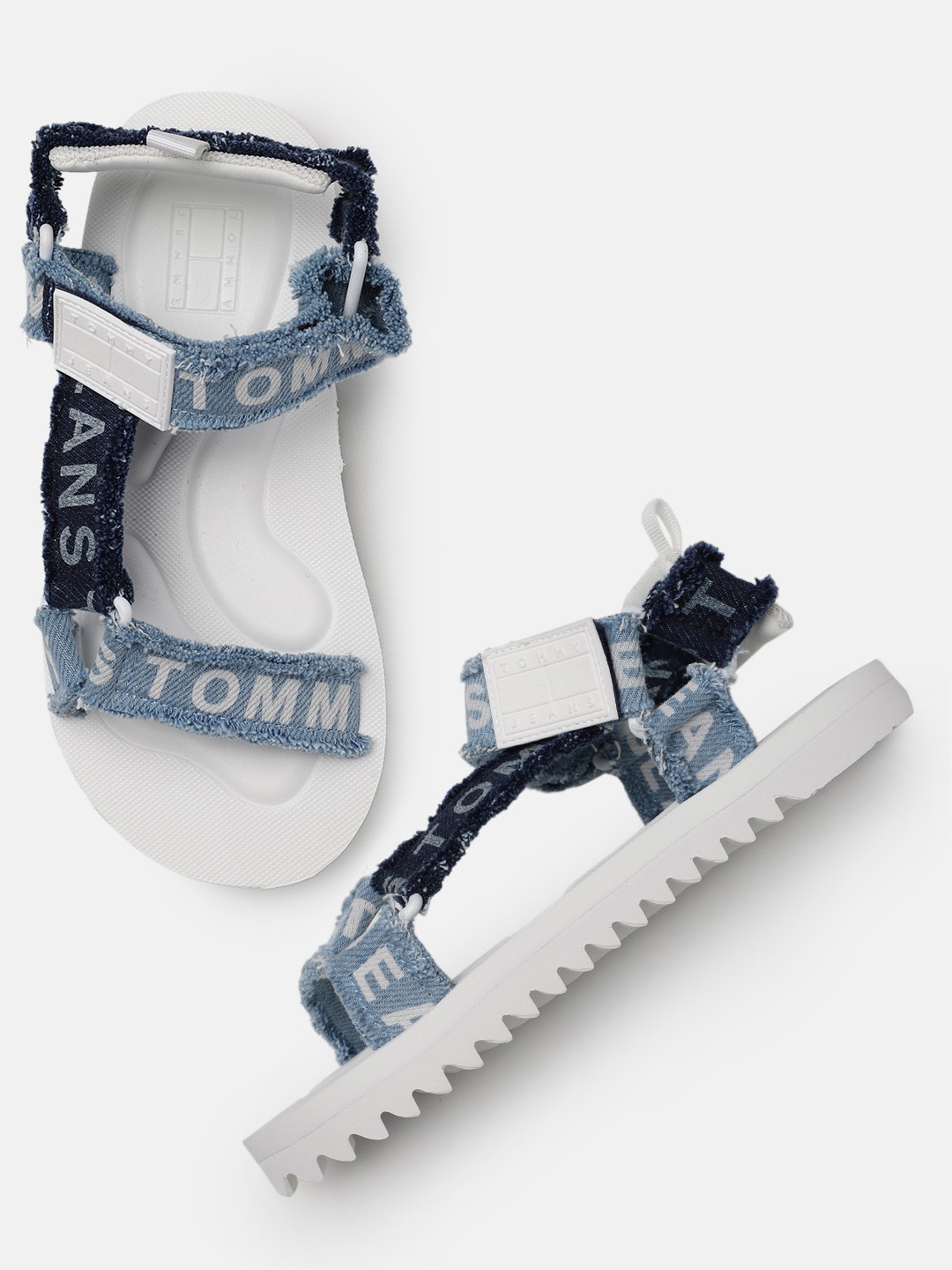 

Tommy Hilfiger Women Brand Logo Printed Open Toe Flats, Blue