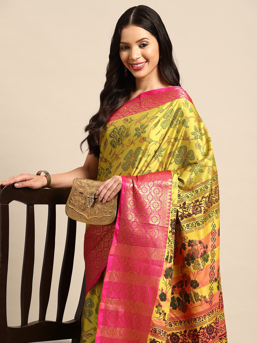 

HERE&NOW Floral Banarasi Saree, Yellow
