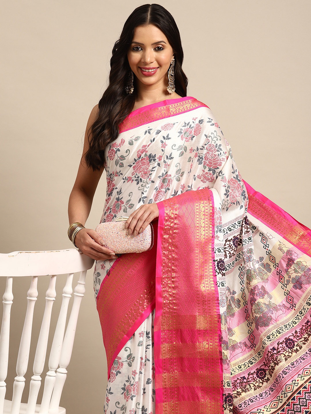 

HERE&NOW Floral Zari Pure Silk Banarasi Saree, White