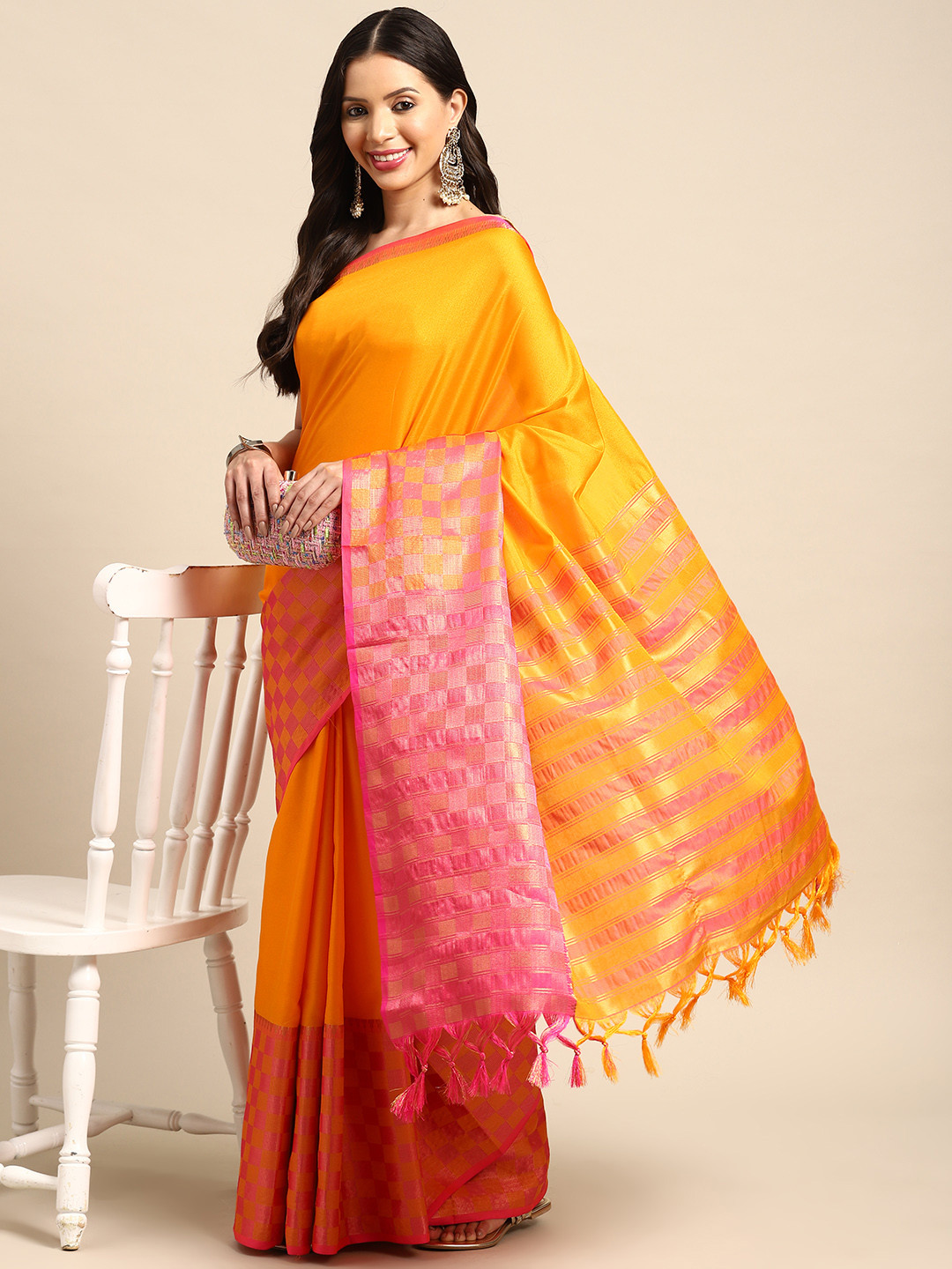 

HERE&NOW Zari Art Silk Banarasi Saree, Orange