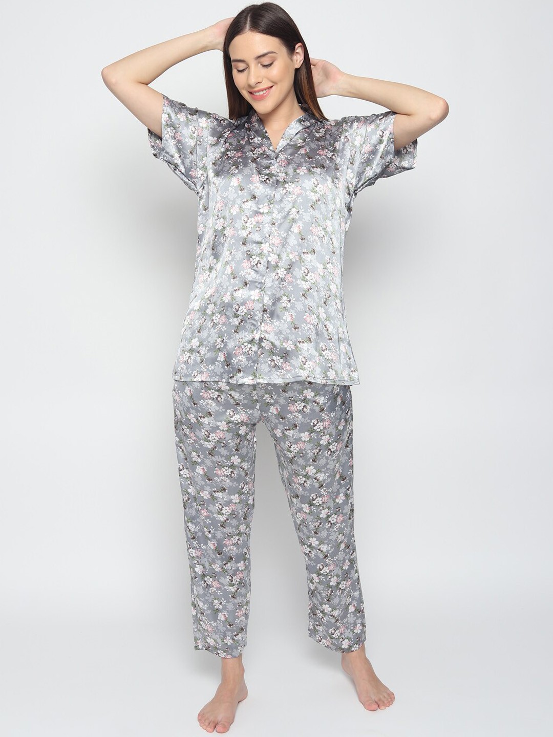 

Noty Floral Printed Satin Night Suit, Grey