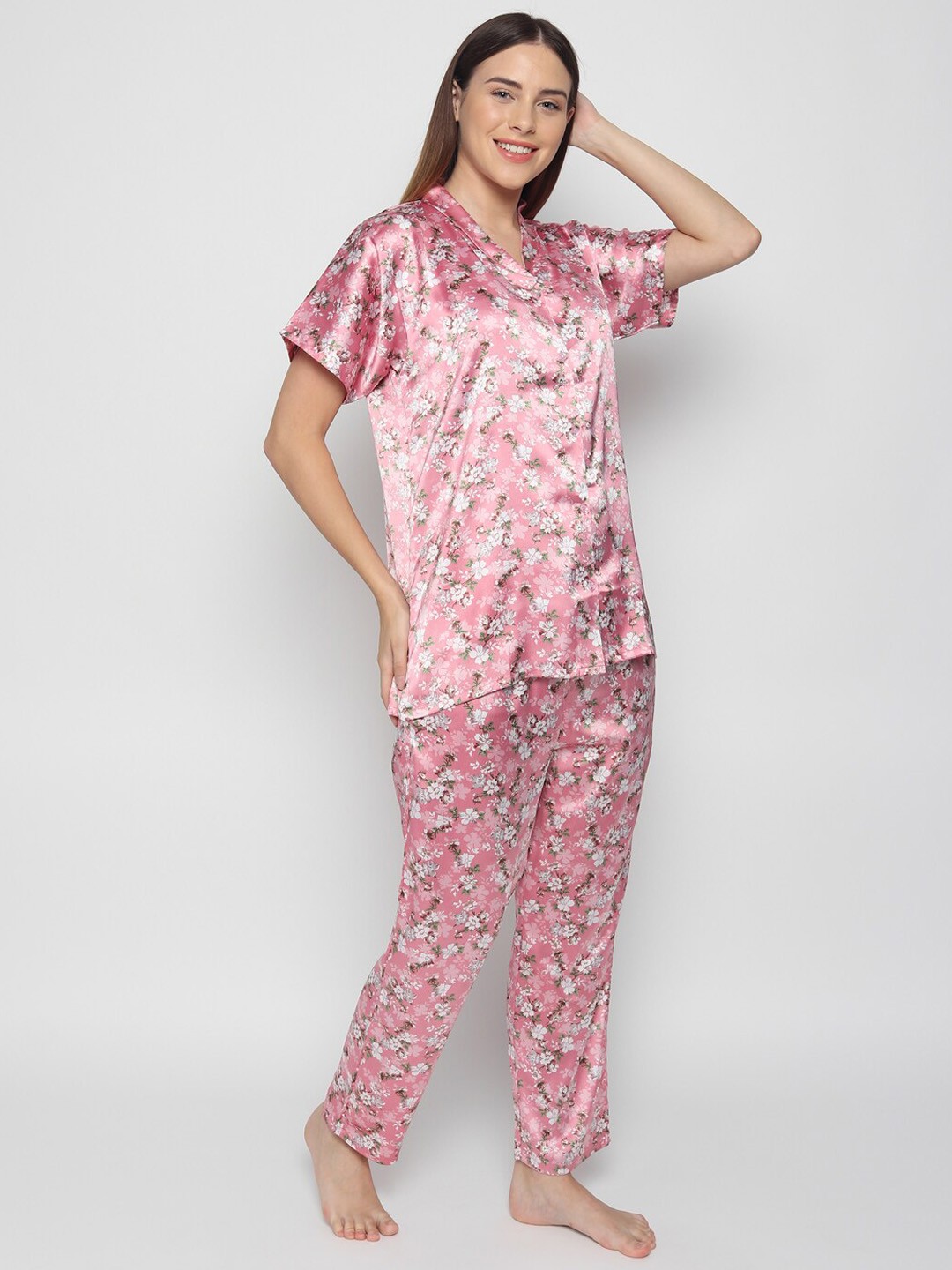 

Noty Floral Printed Satin Night Suit, Pink