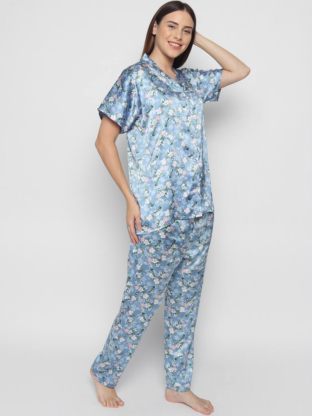 

Noty Floral Printed Satin Night Suit, Blue