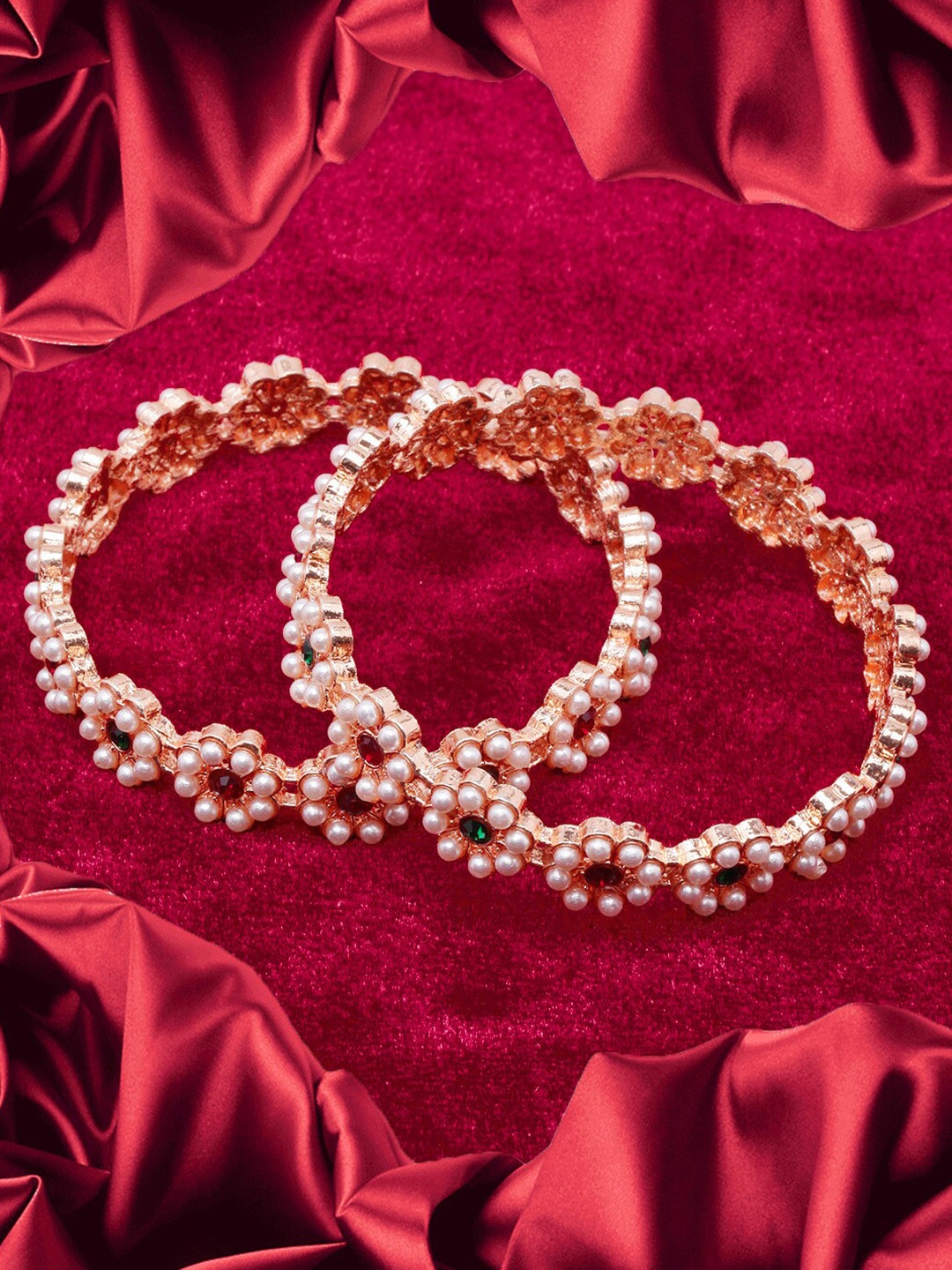 

DIVA WALK Women Set Of 2 Rose Gold-Plated Cubic Zirconia & Beaded Bangle-Style Bracelet