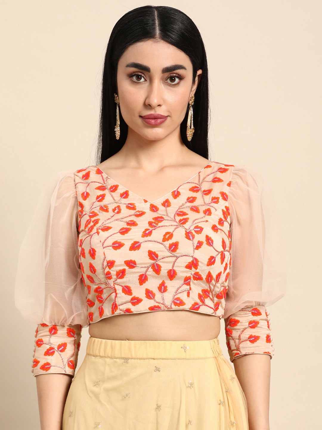 

Ethnovog Embroidered V-Neck Chiffon Saree Blouse, Peach