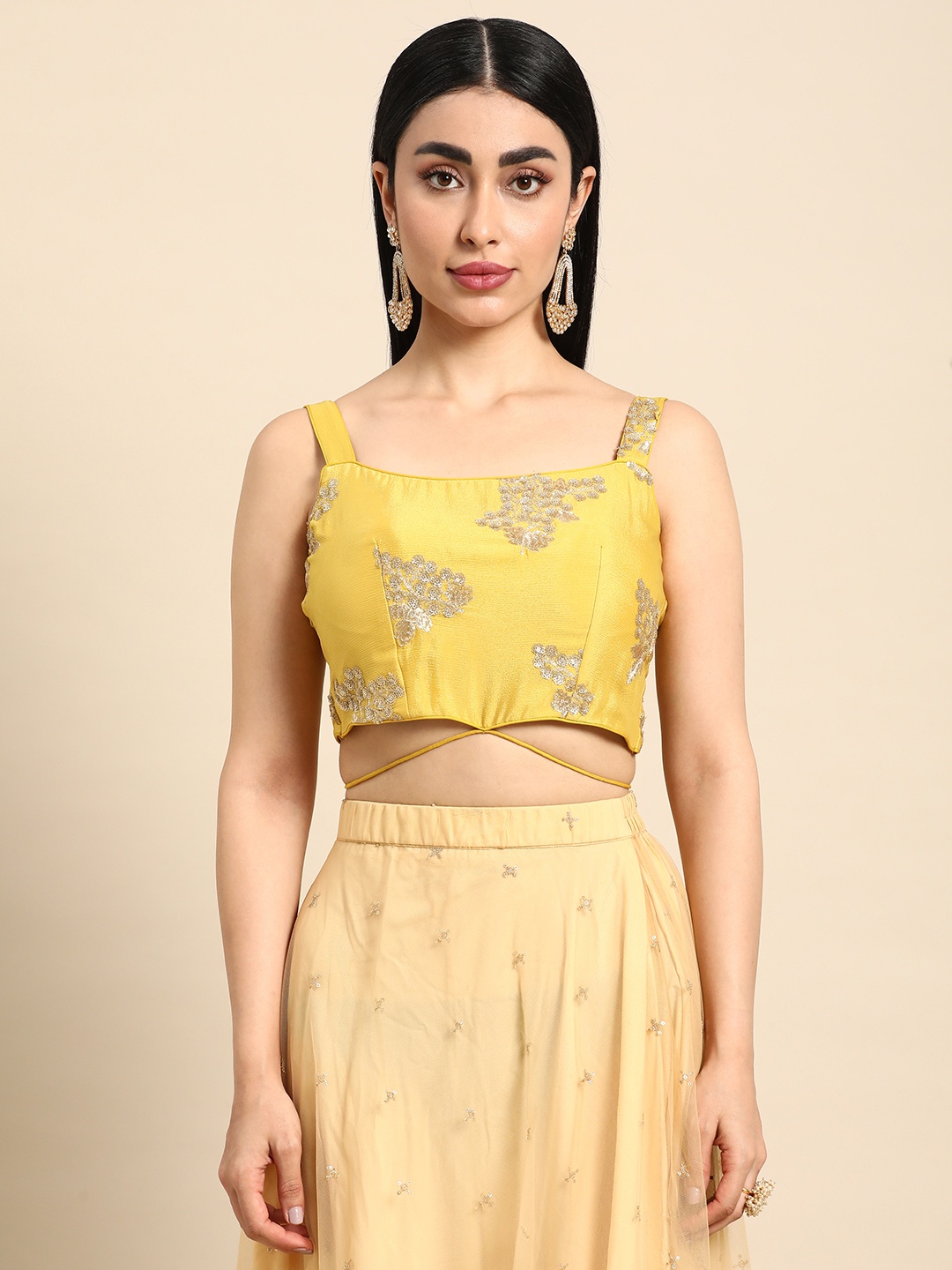 

Ethnovog Embroidered Sequinned Chinon Saree Blouse, Yellow