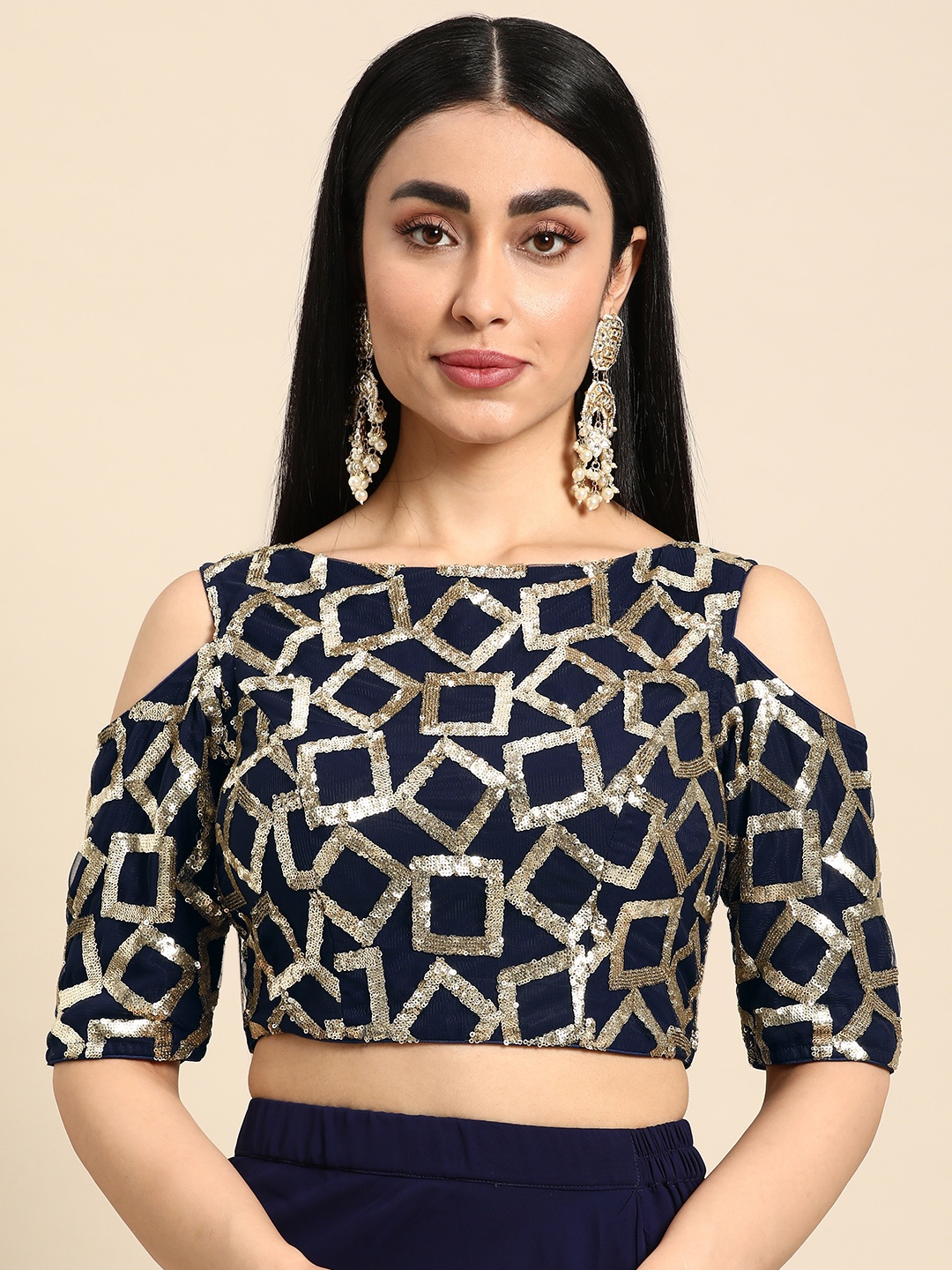 

Ethnovog Embellished Sequinned Net Saree Blouse, Navy blue