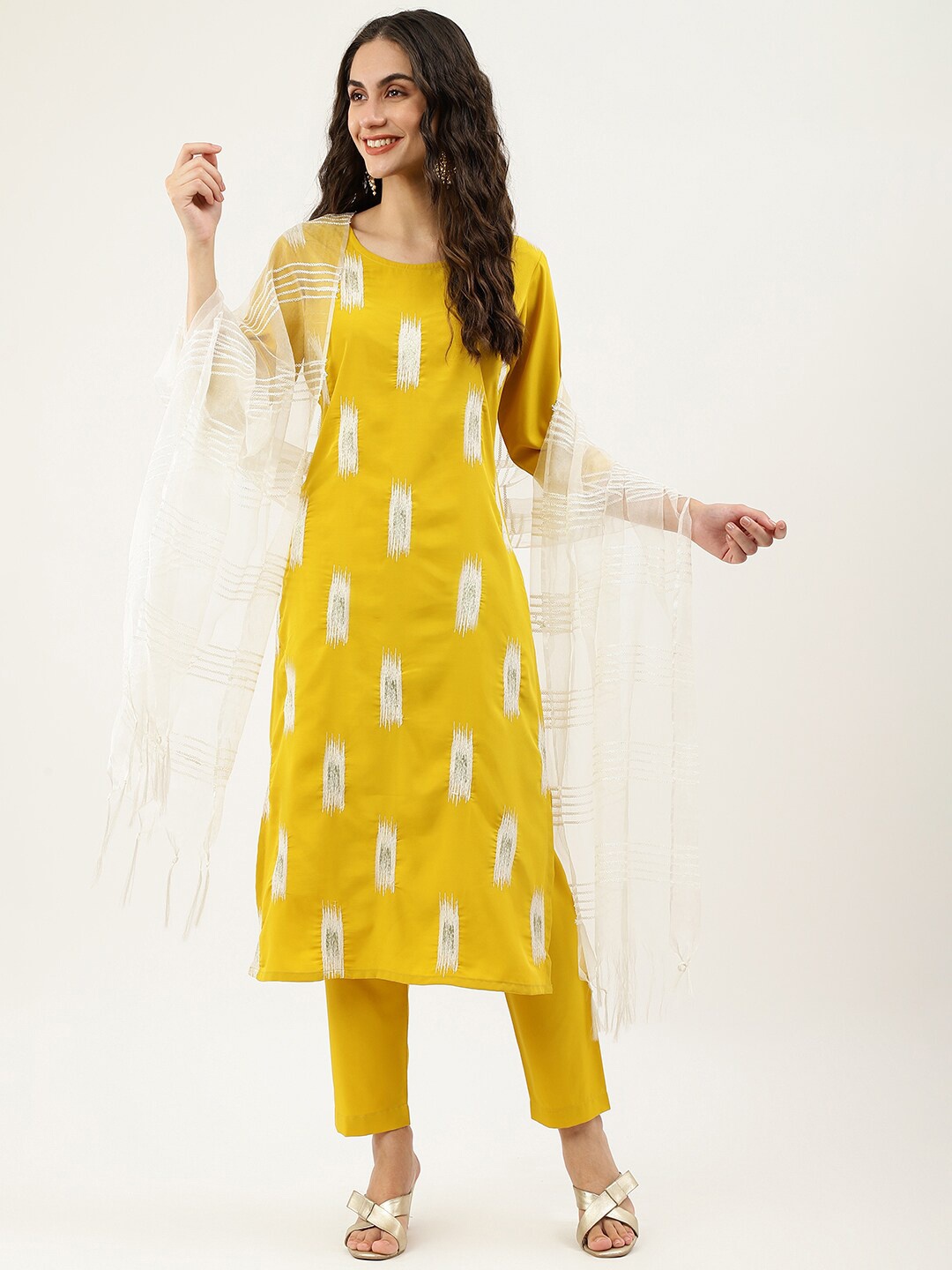 

NAINVISH Geometric Embroidered Thread Work Kurta With Trousers & Dupatta, Yellow