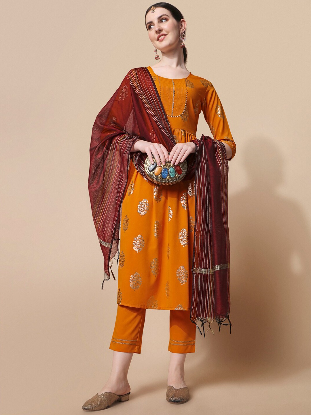 

NAINVISH Ethnic Motifs Printed Gotta Patti Kurta With Trousers & Dupatta, Yellow