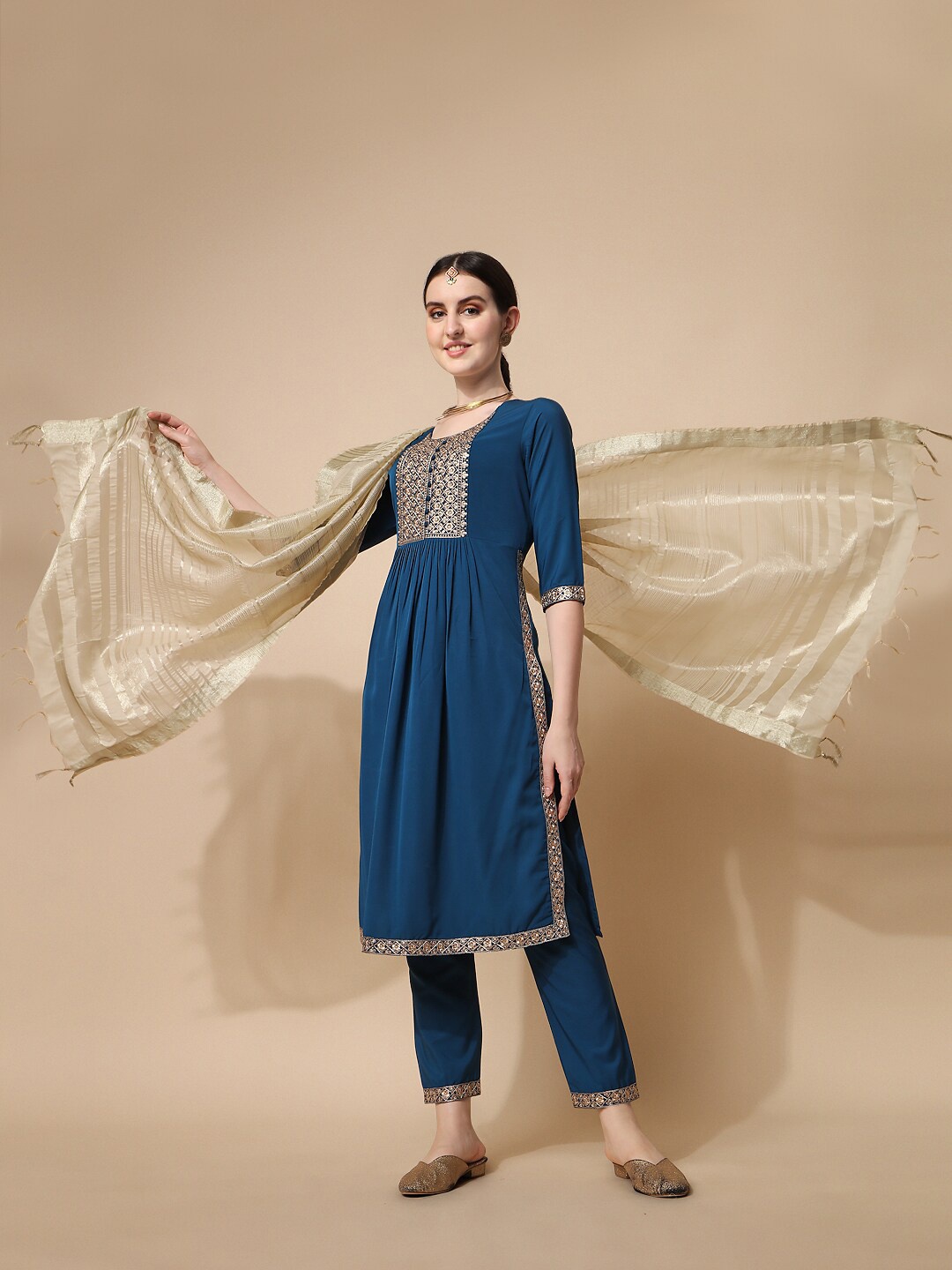 

NAINVISH Ethnic Motifs Embroidered Thread Work Kurta With Trousers & Dupatta, Blue