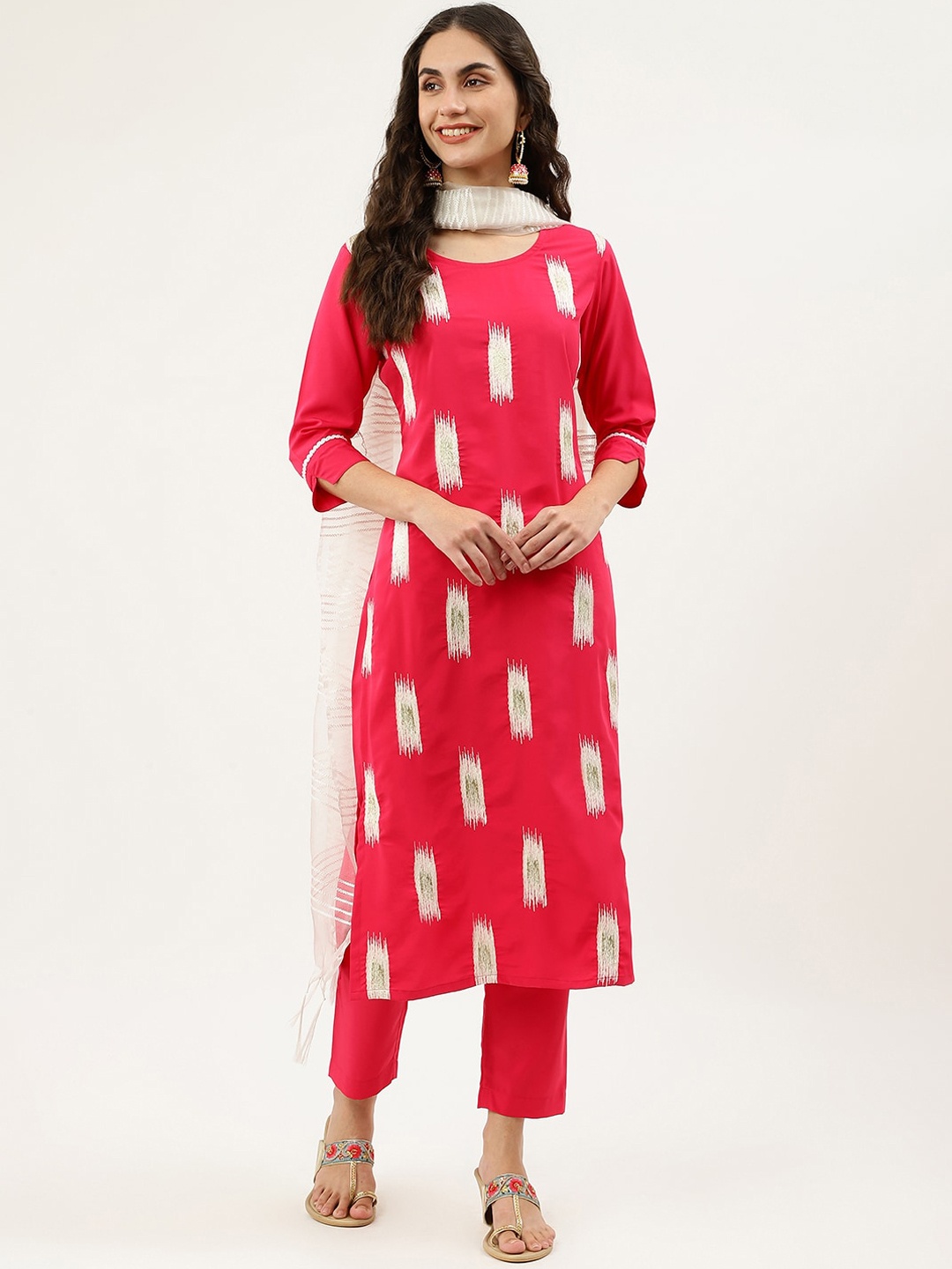 

NAINVISH Geometric Printed Thread Work Kurta With Trousers & Dupatta, Pink