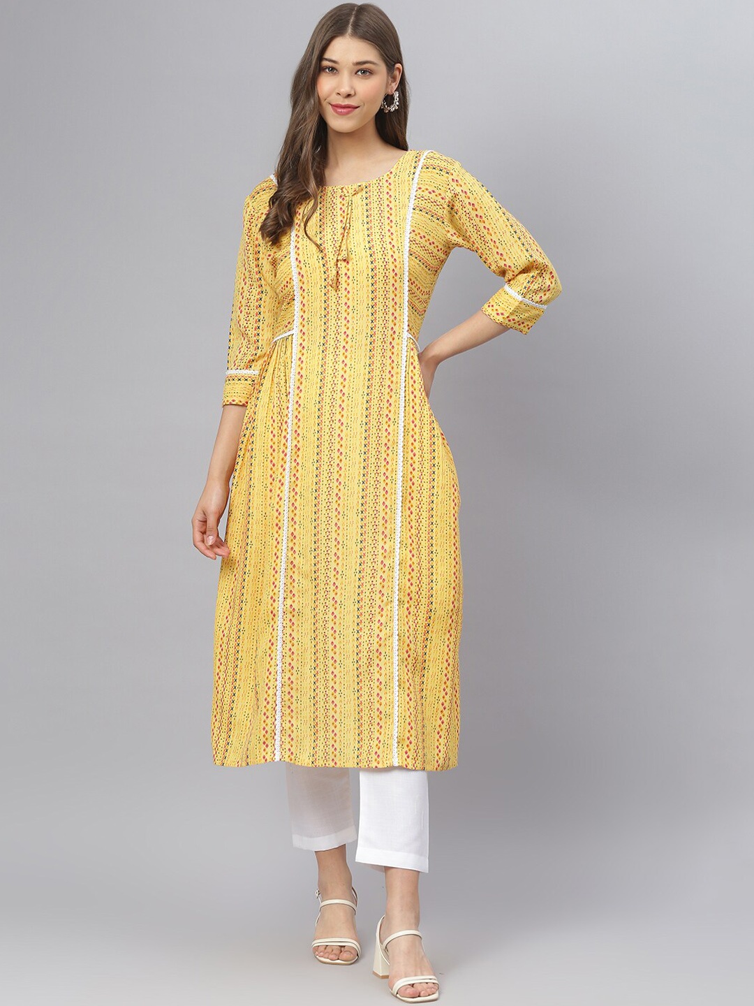 

NAINVISH Ethnic Motifs Printed Regular Kurta With Trousers, Yellow