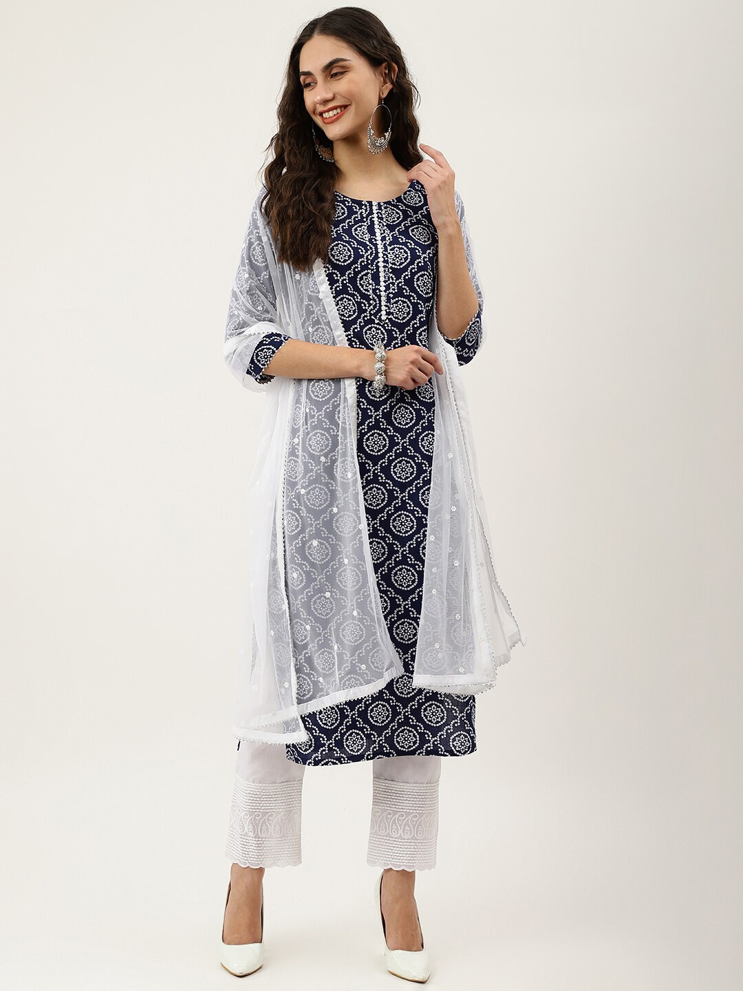 

NAINVISH Bandhani Printed Regular Gotta Patti Kurta With Trousers & Dupatta, Navy blue