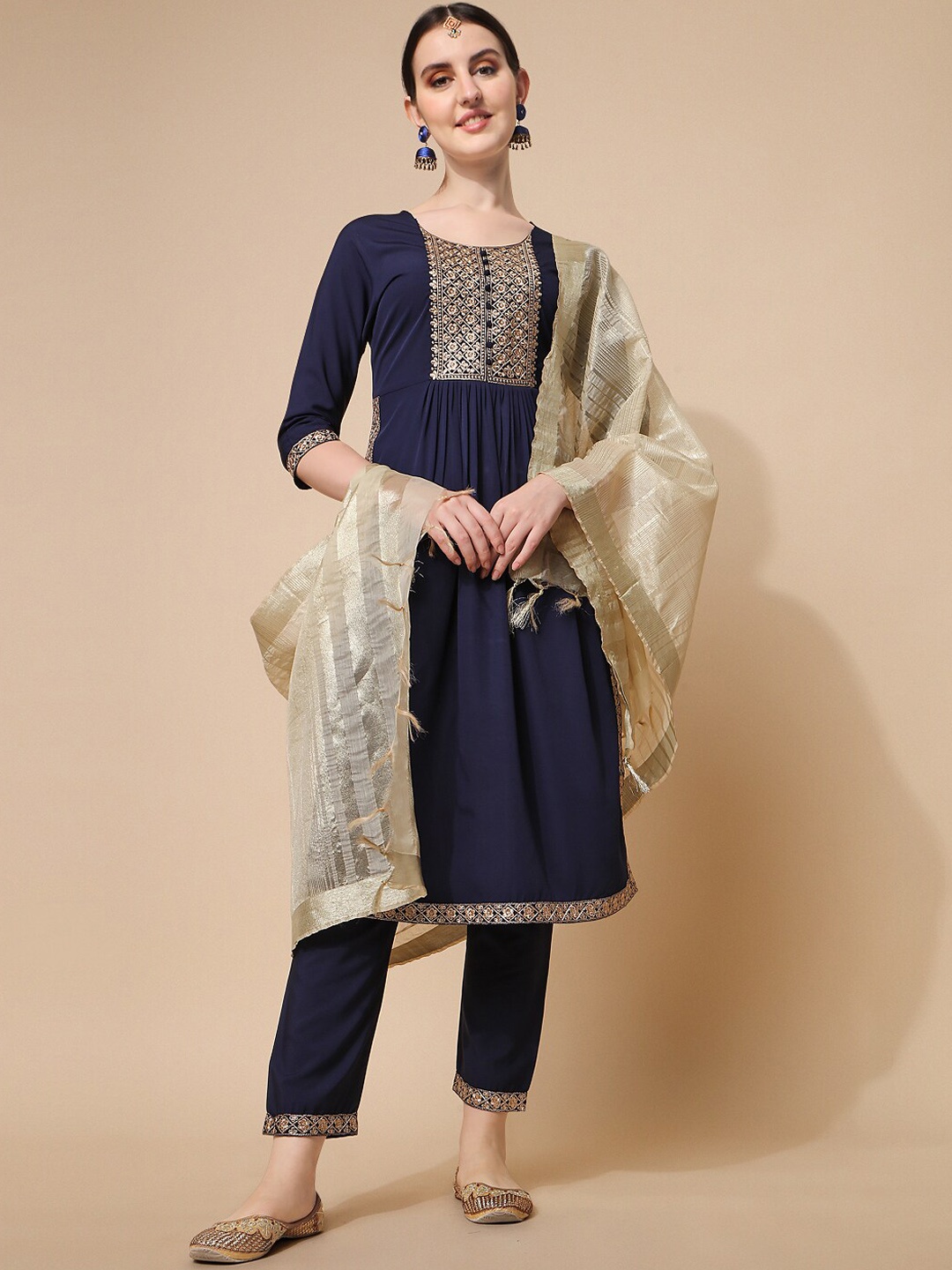 

NAINVISH Ethnic Motifs Embroidered Kurta With Trousers & Dupatta, Navy blue
