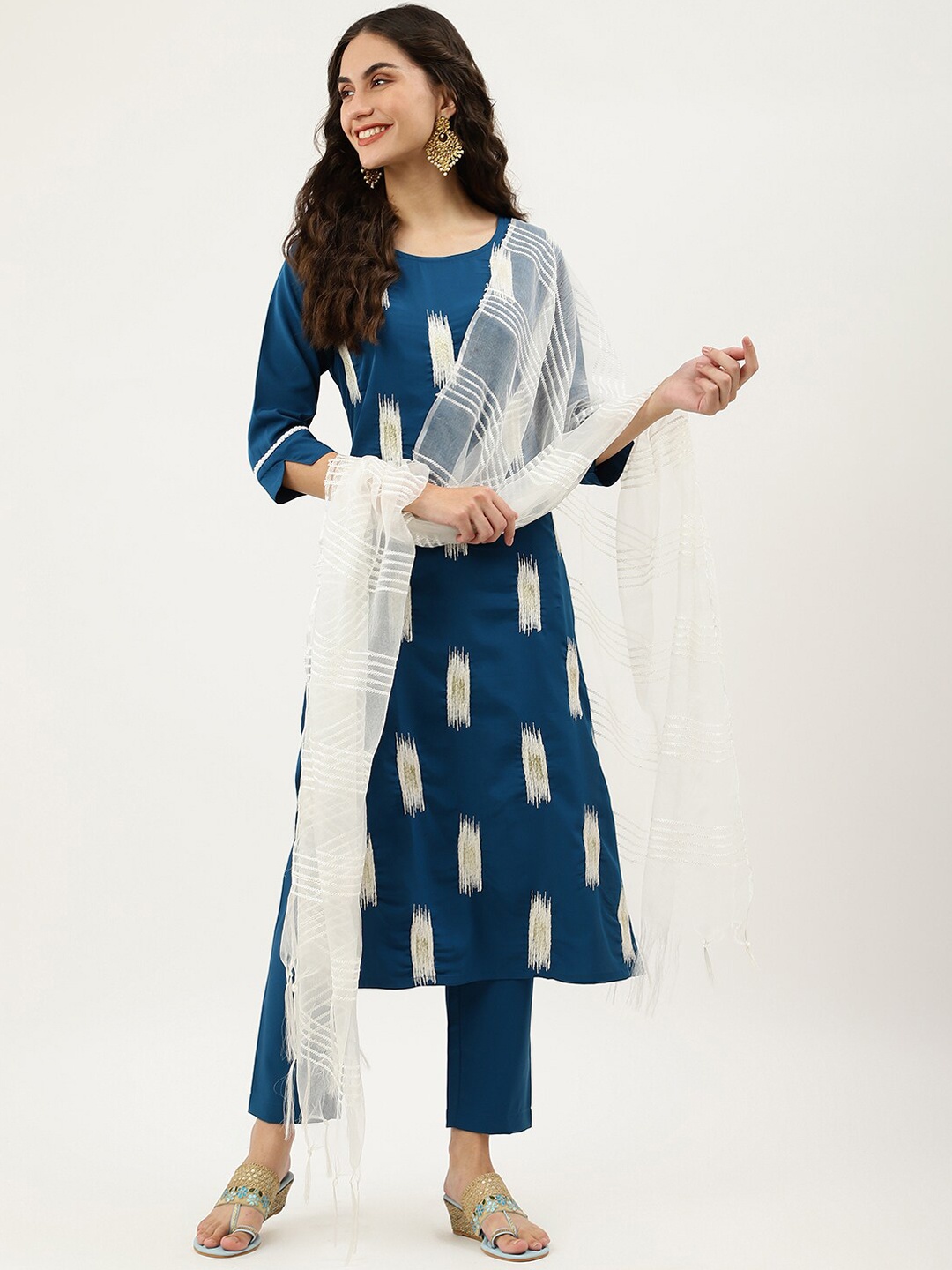 

NAINVISH Geometric Printed Thread Work Kurta With Trousers & Dupatta, Blue