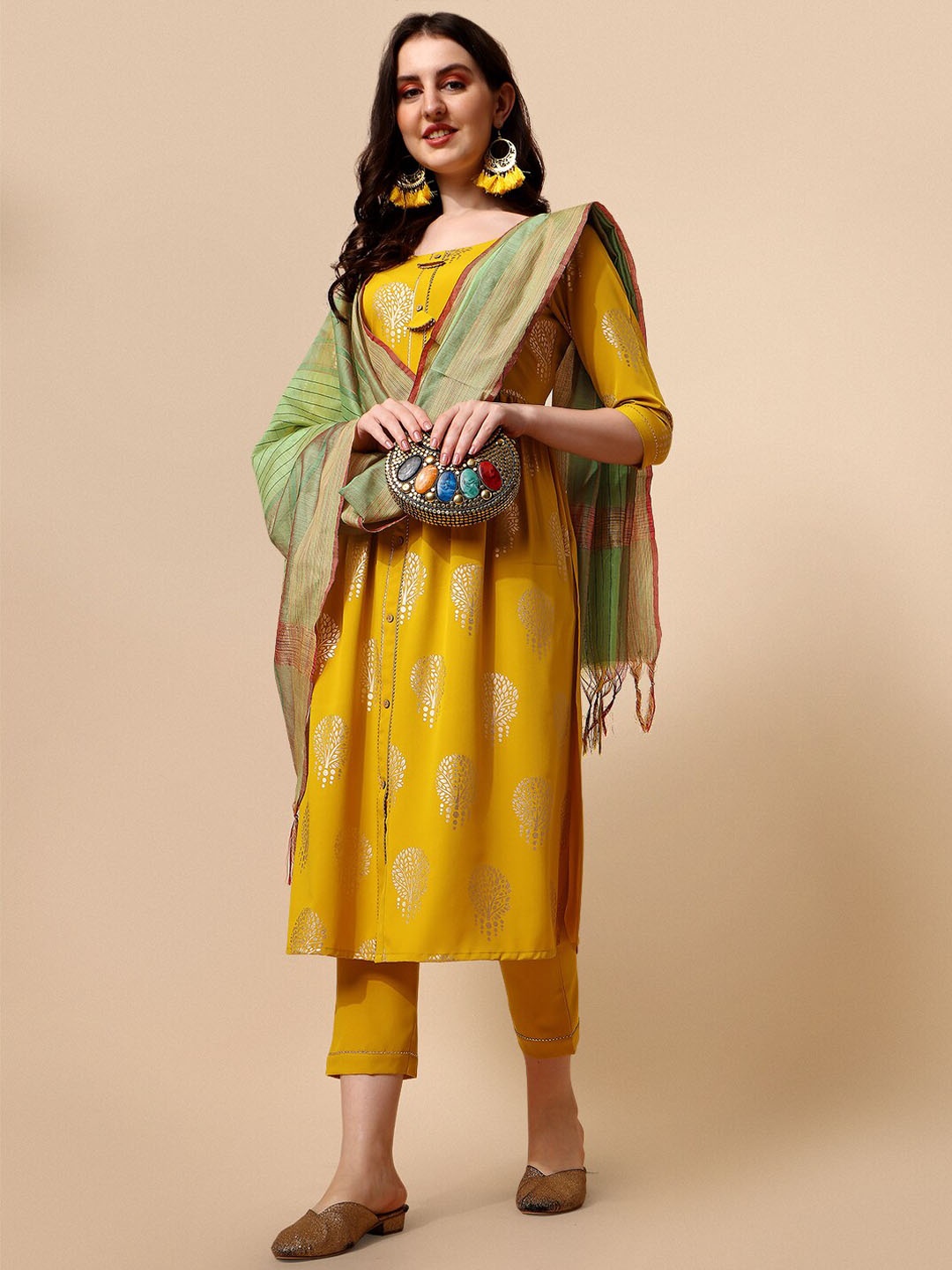 

NAINVISH Ethnic Motifs Printed Gotta Patti Kurta With Trousers & Dupatta, Yellow